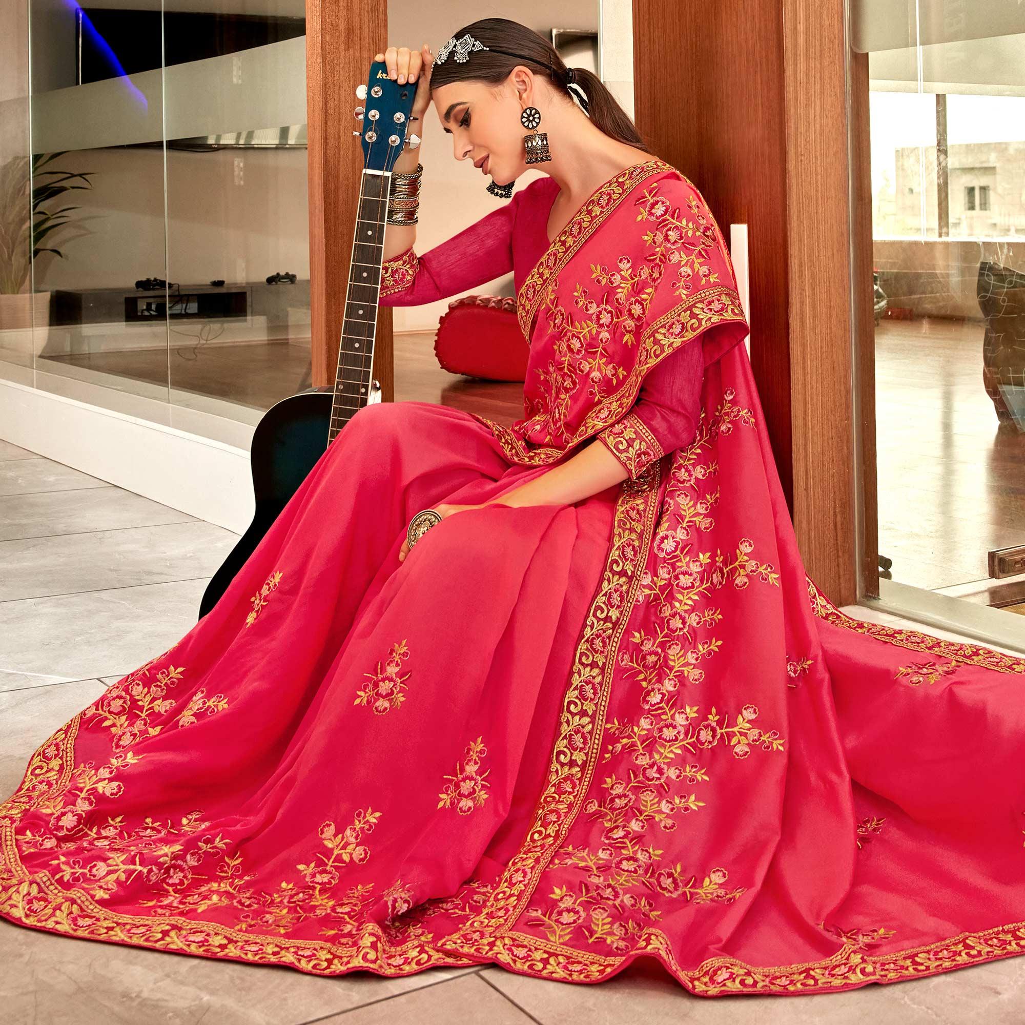Pink Floral Embroidered Vichitra Silk Saree - Peachmode