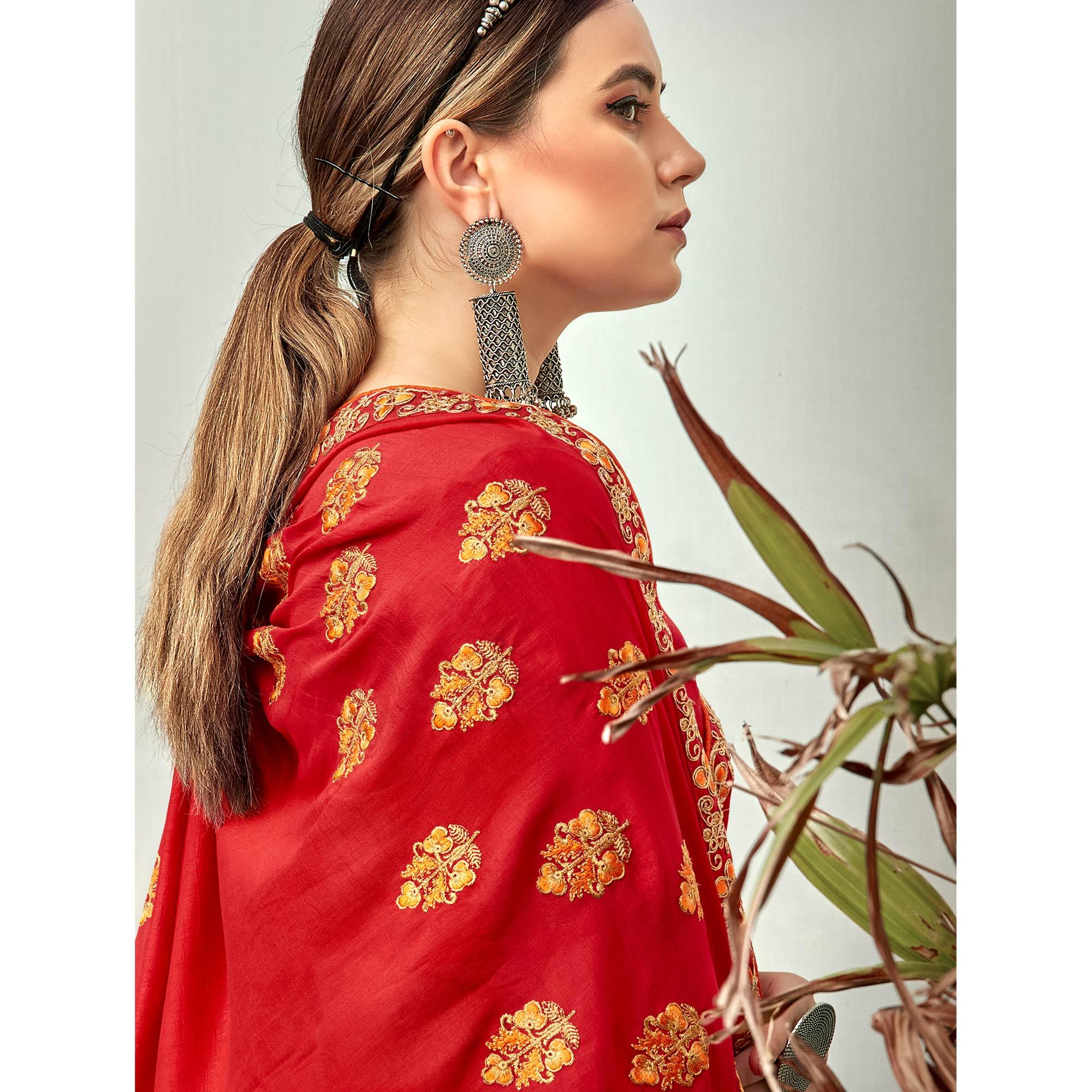 Pink Floral Embroidered Vichitra Silk Saree - Peachmode