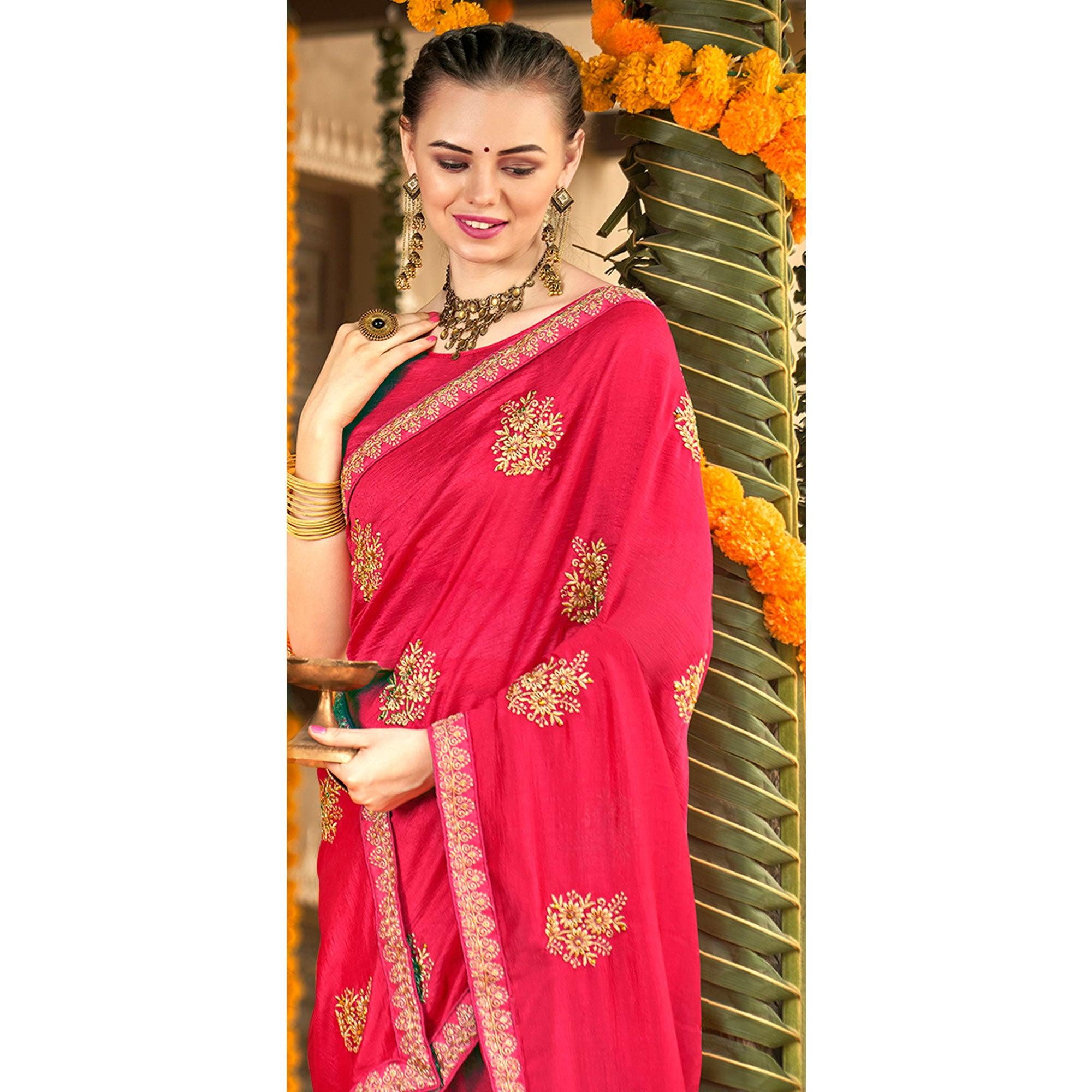 Pink Floral Embroidered Vichitra Silk Saree - Peachmode