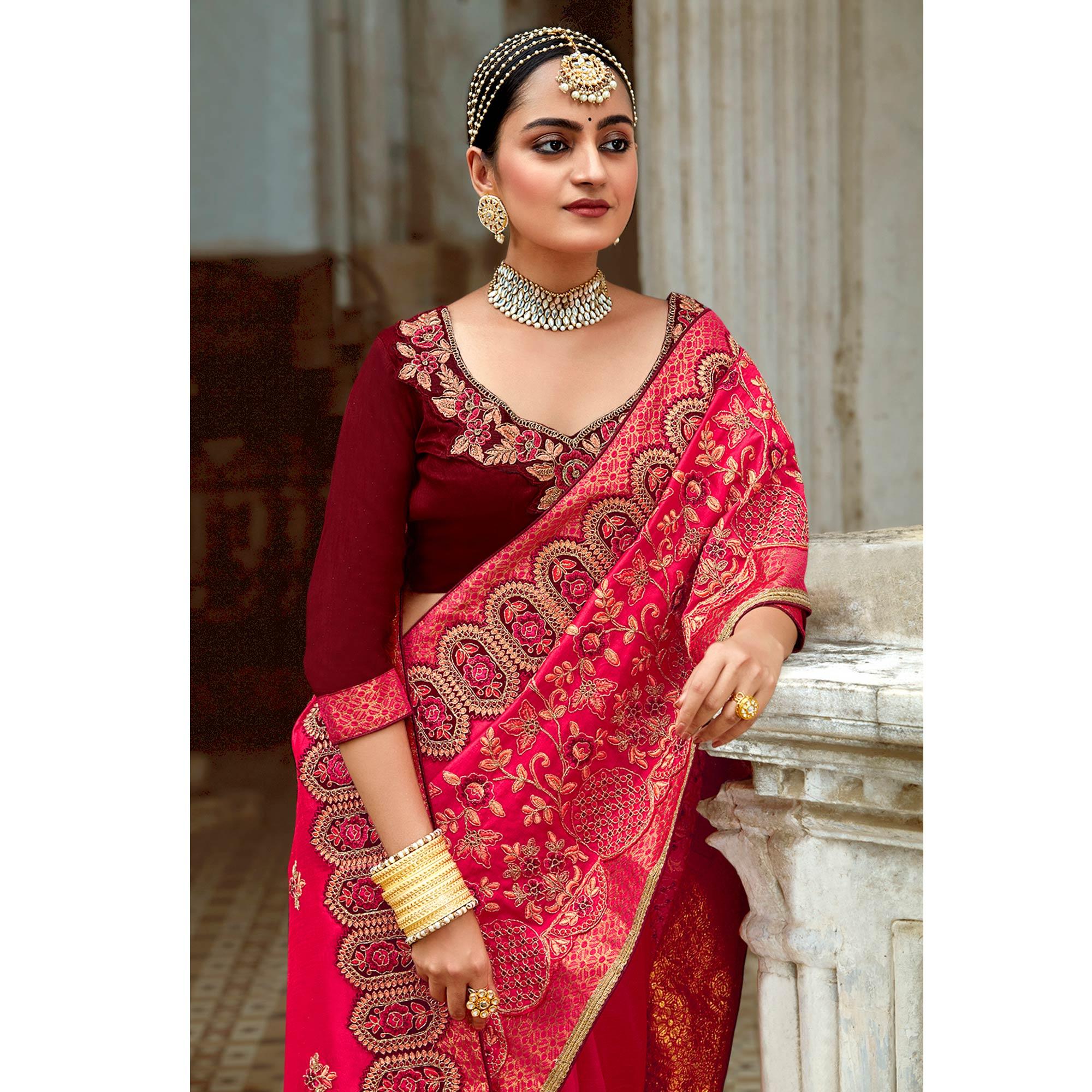 Pink Floral Embroidered Vichitra Silk Saree - Peachmode