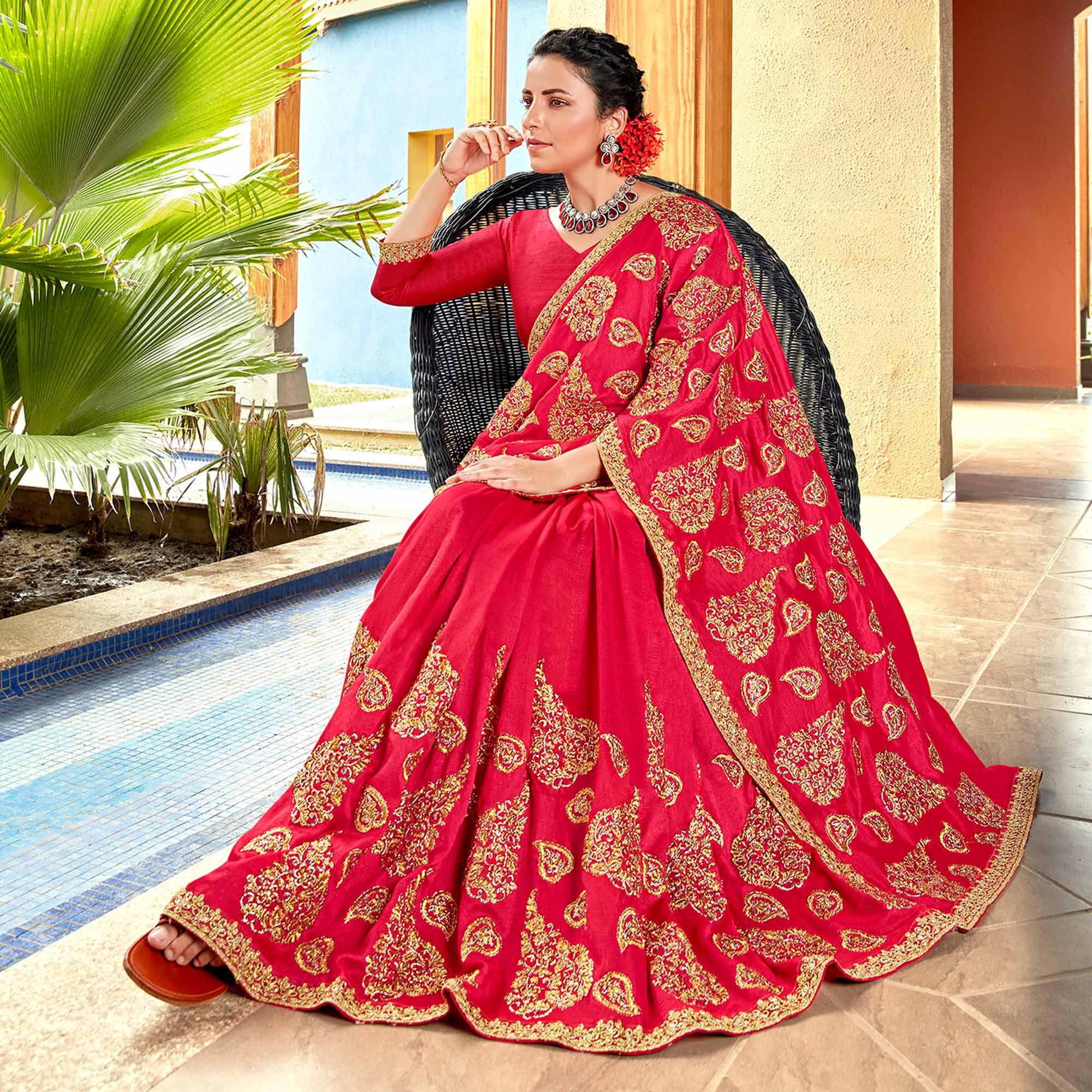 Pink Floral Embroidered Vichitra Silk Saree - Peachmode
