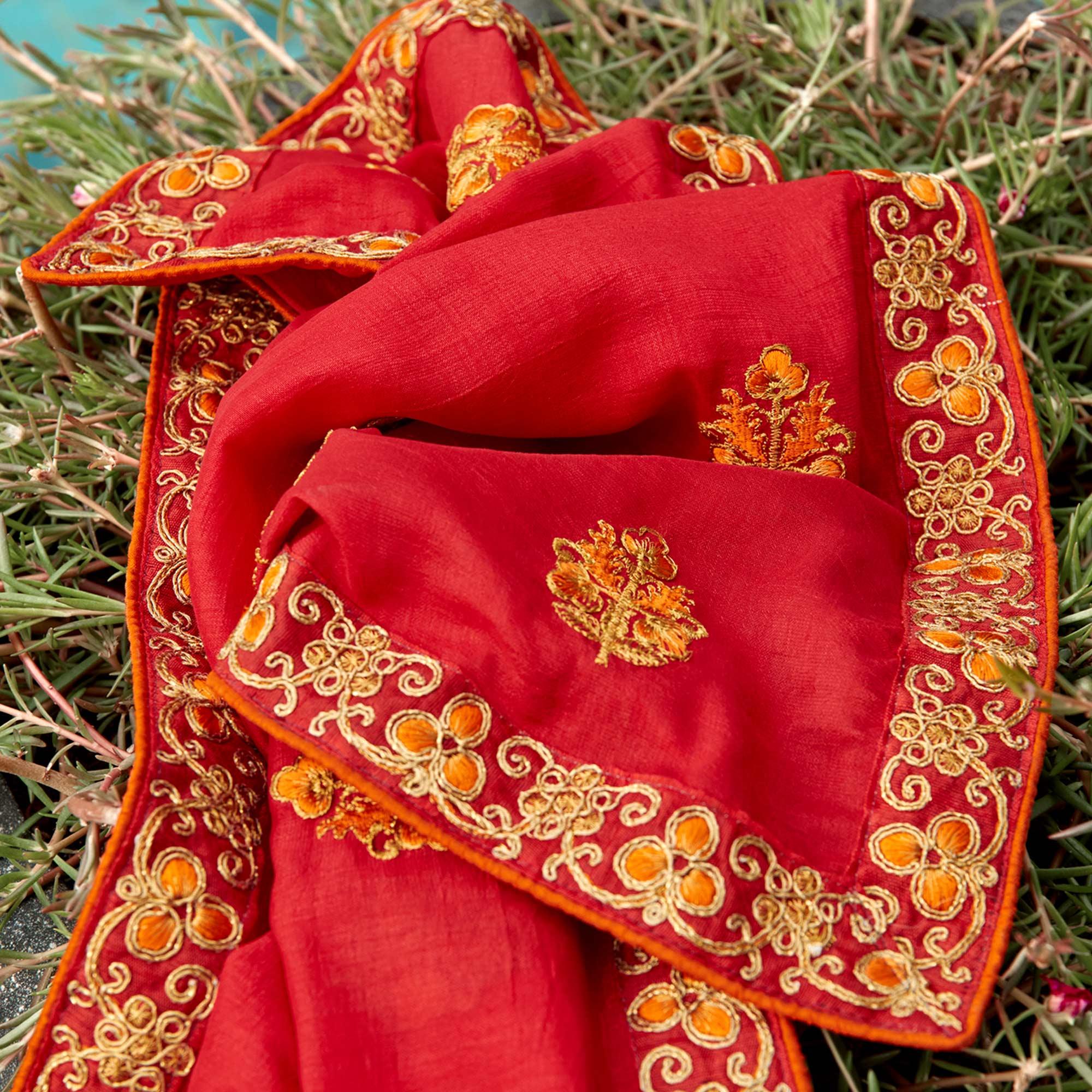 Pink Floral Embroidered Vichitra Silk Saree - Peachmode