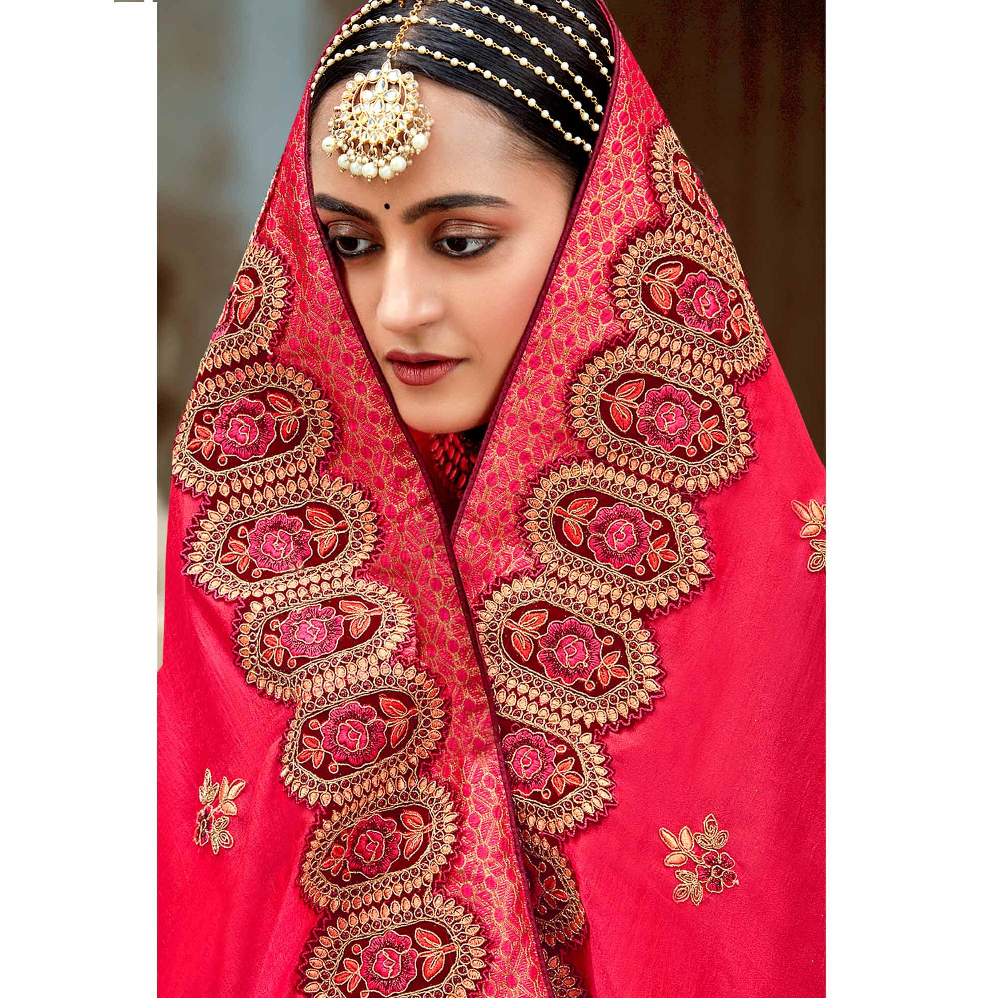 Pink Floral Embroidered Vichitra Silk Saree - Peachmode