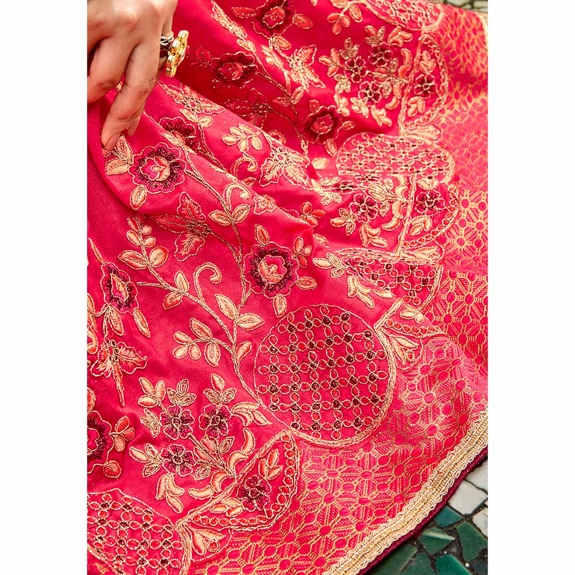 Pink Floral Embroidered Vichitra Silk Saree - Peachmode