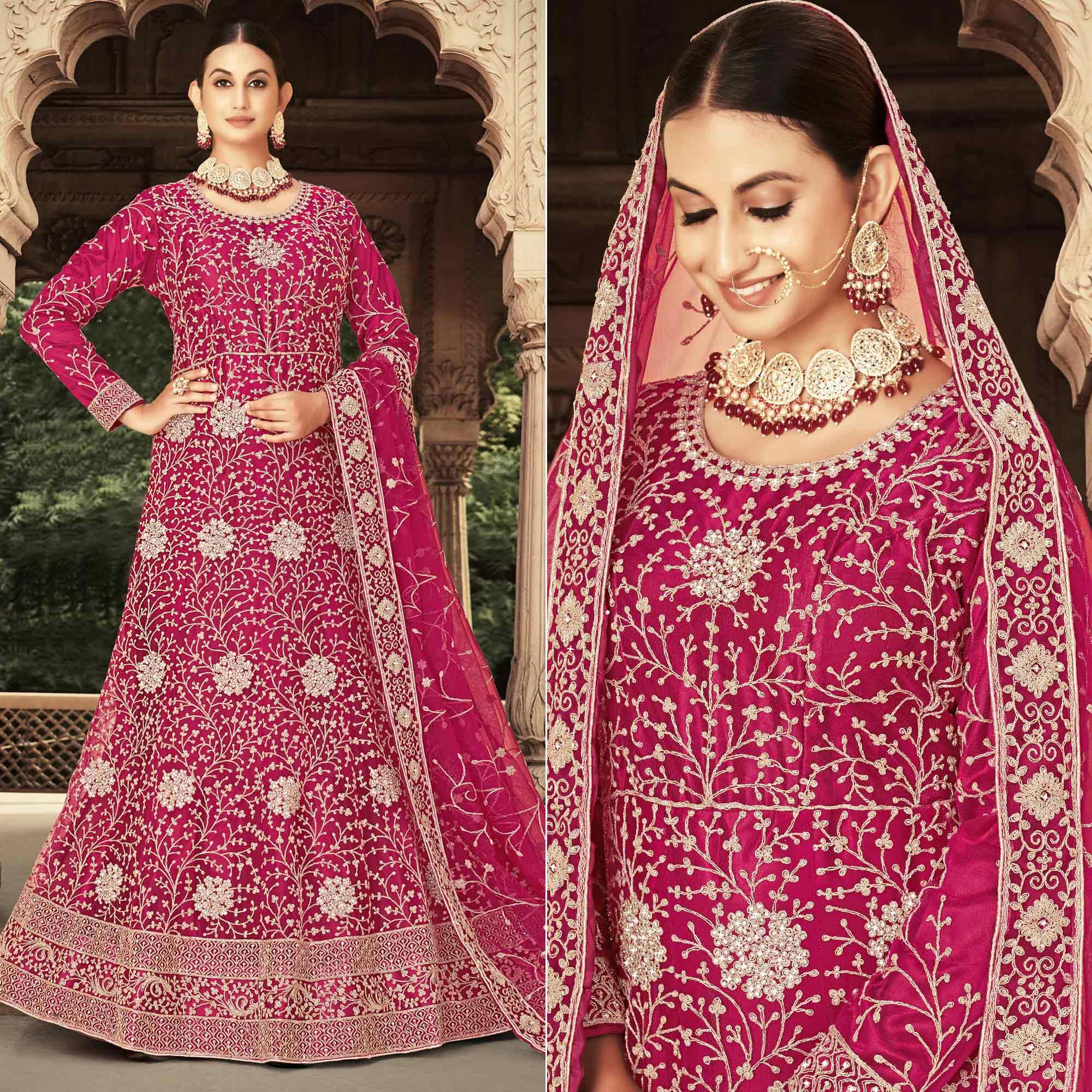 Pink Floral Embroidered With Diamond Work Net Gown - Peachmode