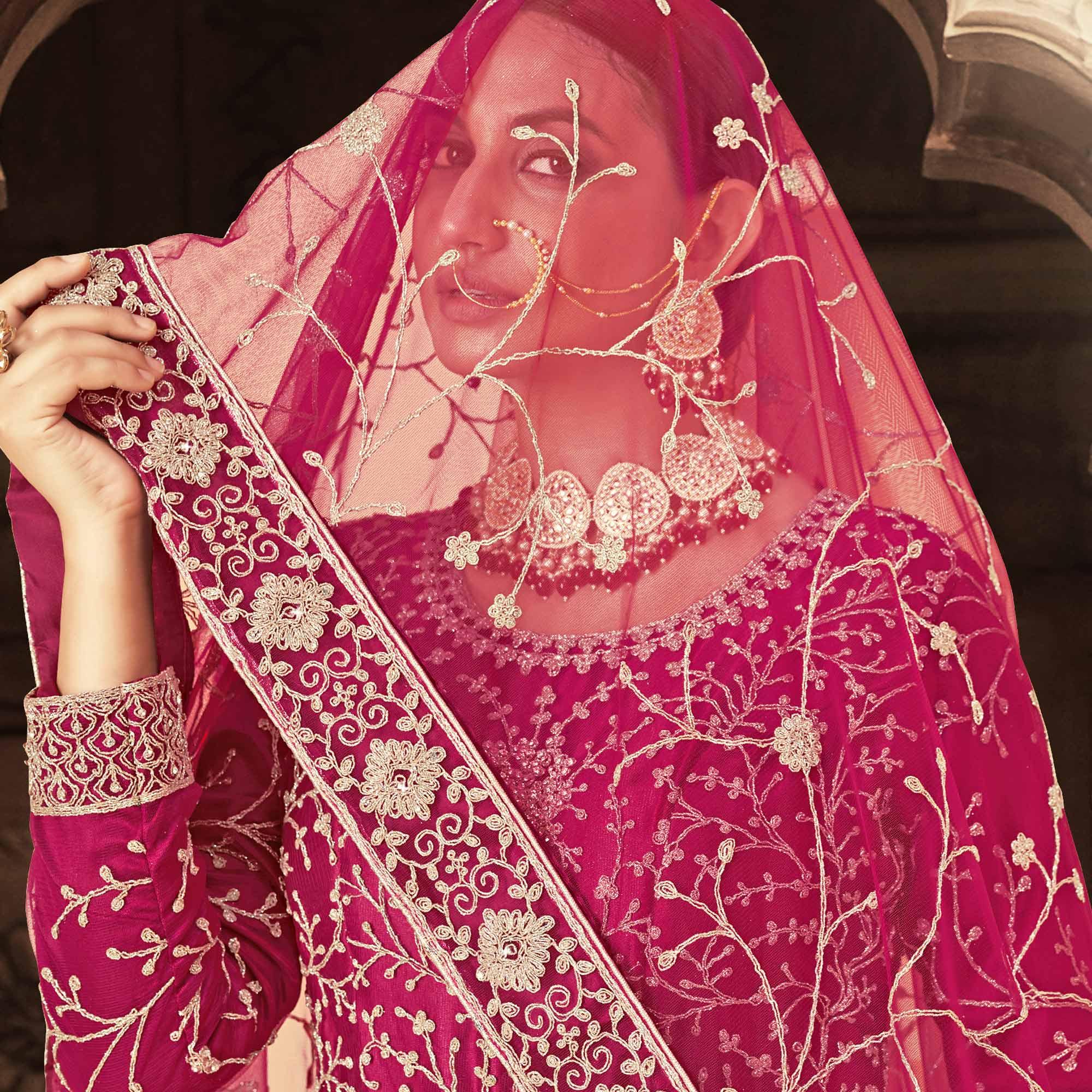 Pink Floral Embroidered With Diamond Work Net Gown - Peachmode