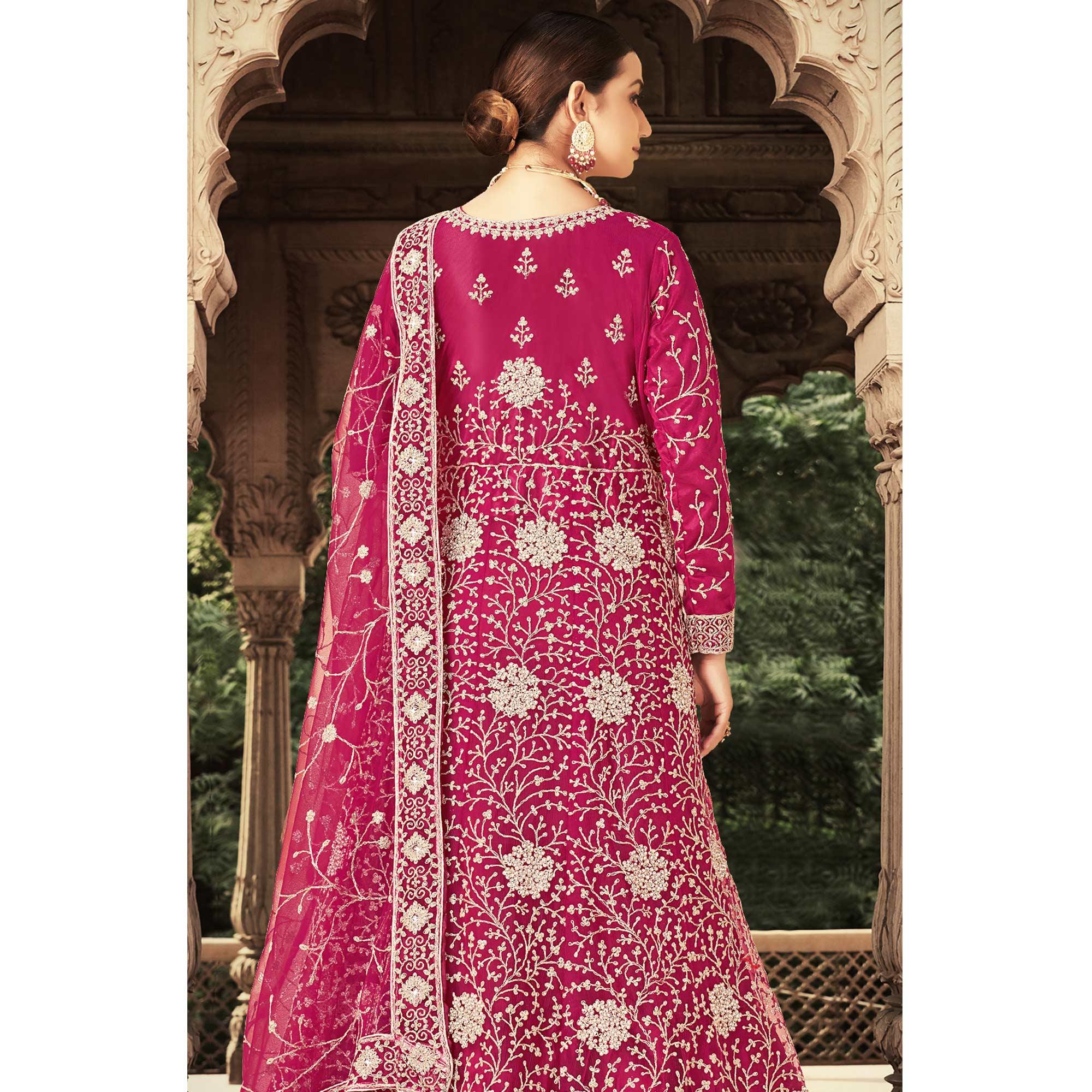 Pink Floral Embroidered With Diamond Work Net Gown - Peachmode