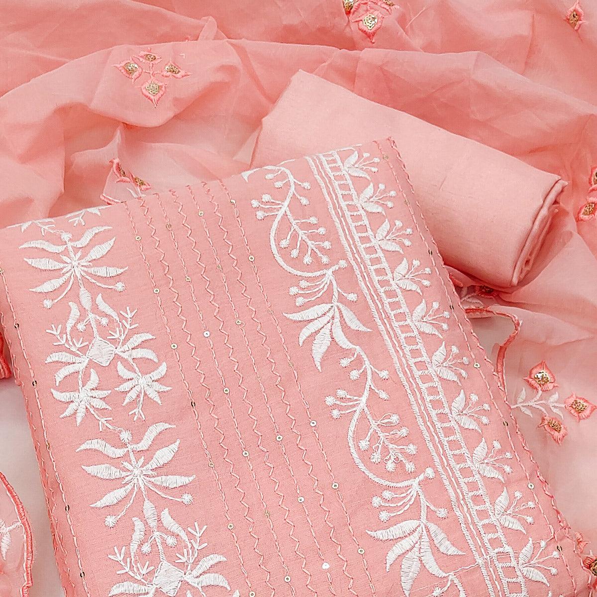 Pink Floral Embroidered With Sequence Chanderi Dress Material - Peachmode
