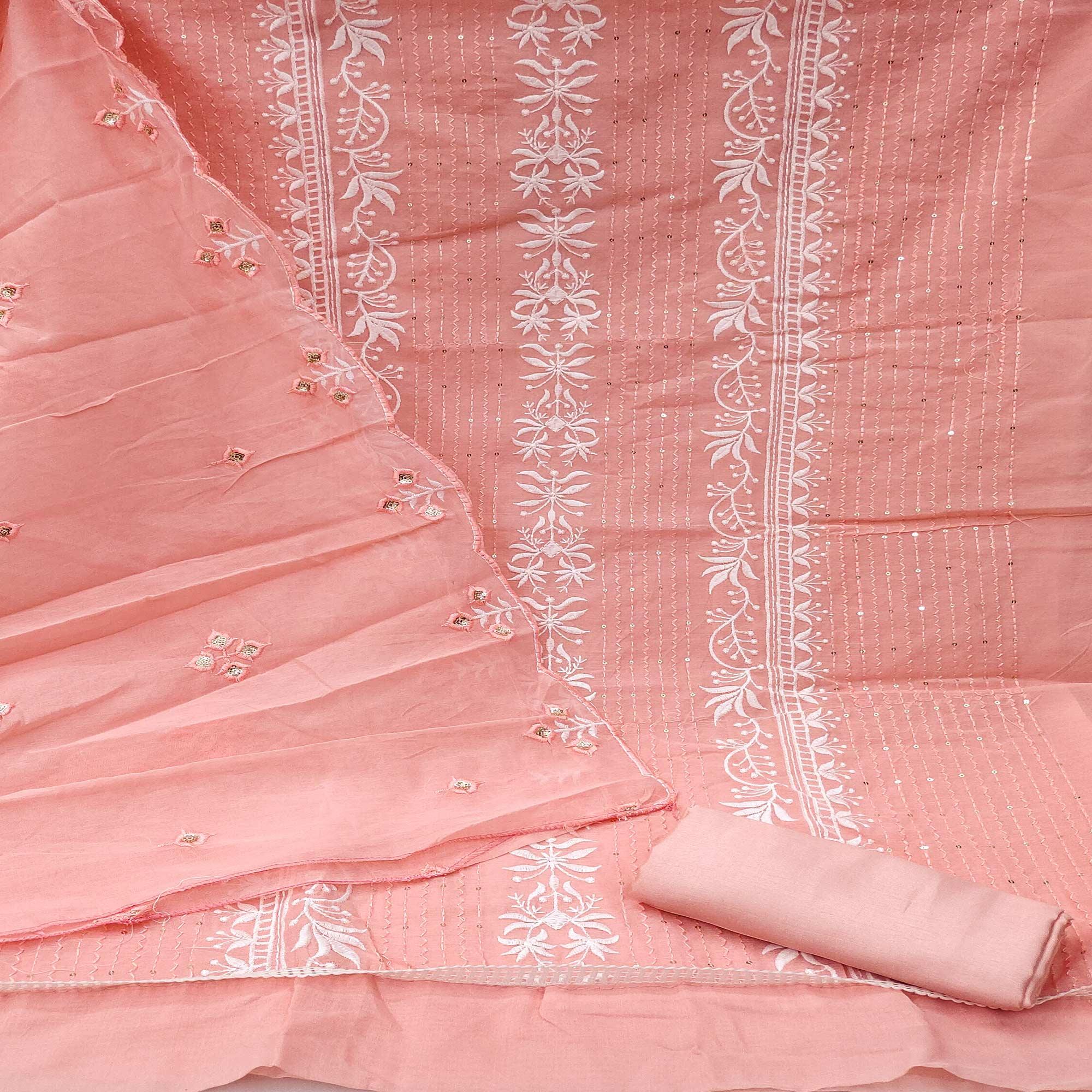 Pink Floral Embroidered With Sequence Chanderi Dress Material - Peachmode