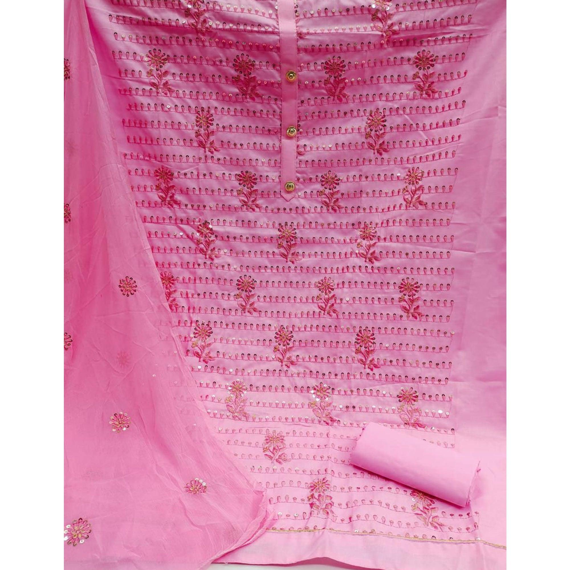 Pink Floral Embroidered With Sequence Poly Cotton Dress Material - Peachmode