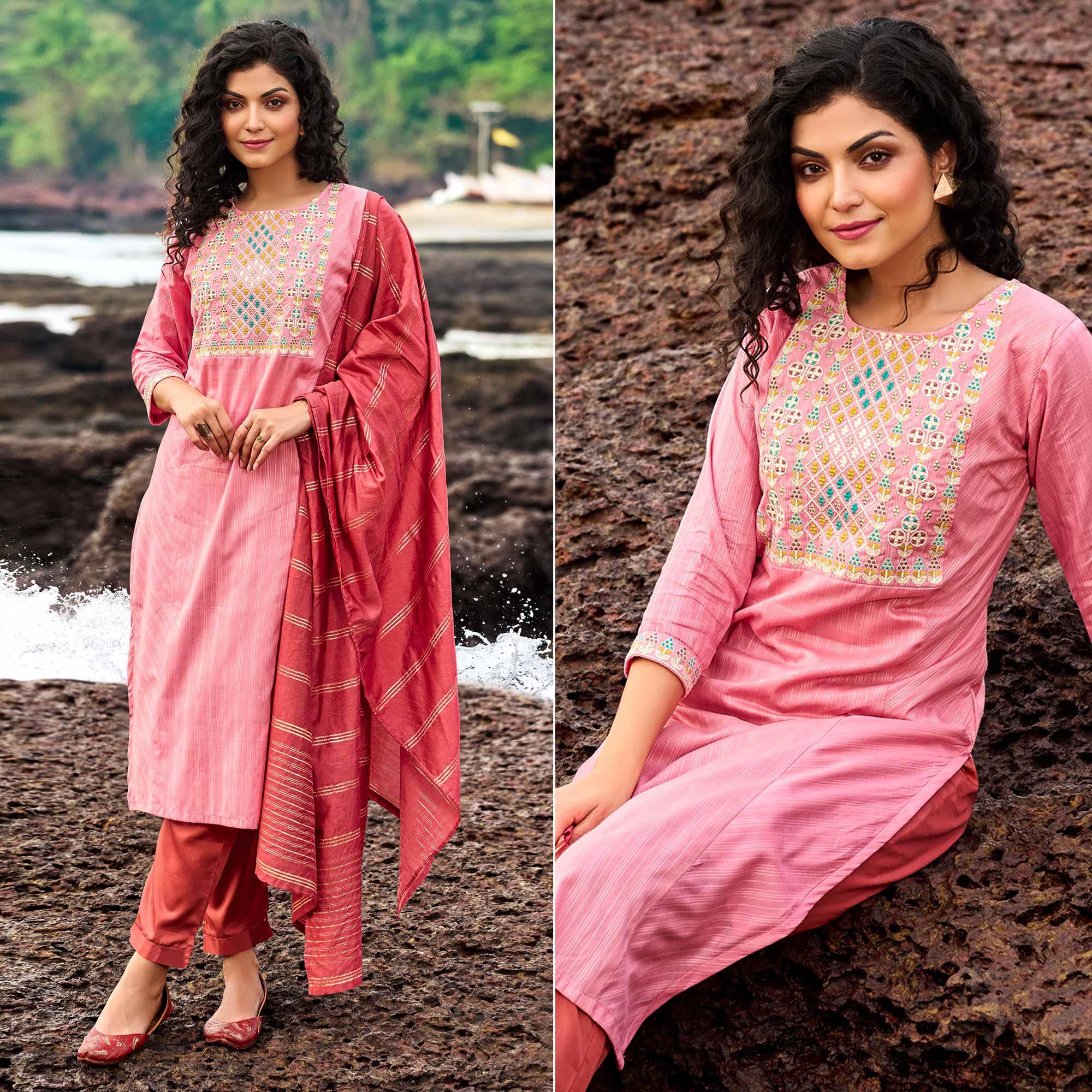 Pink Floral Embroidered With Stripe Printed Cotton Kurti Pant Set - Peachmode