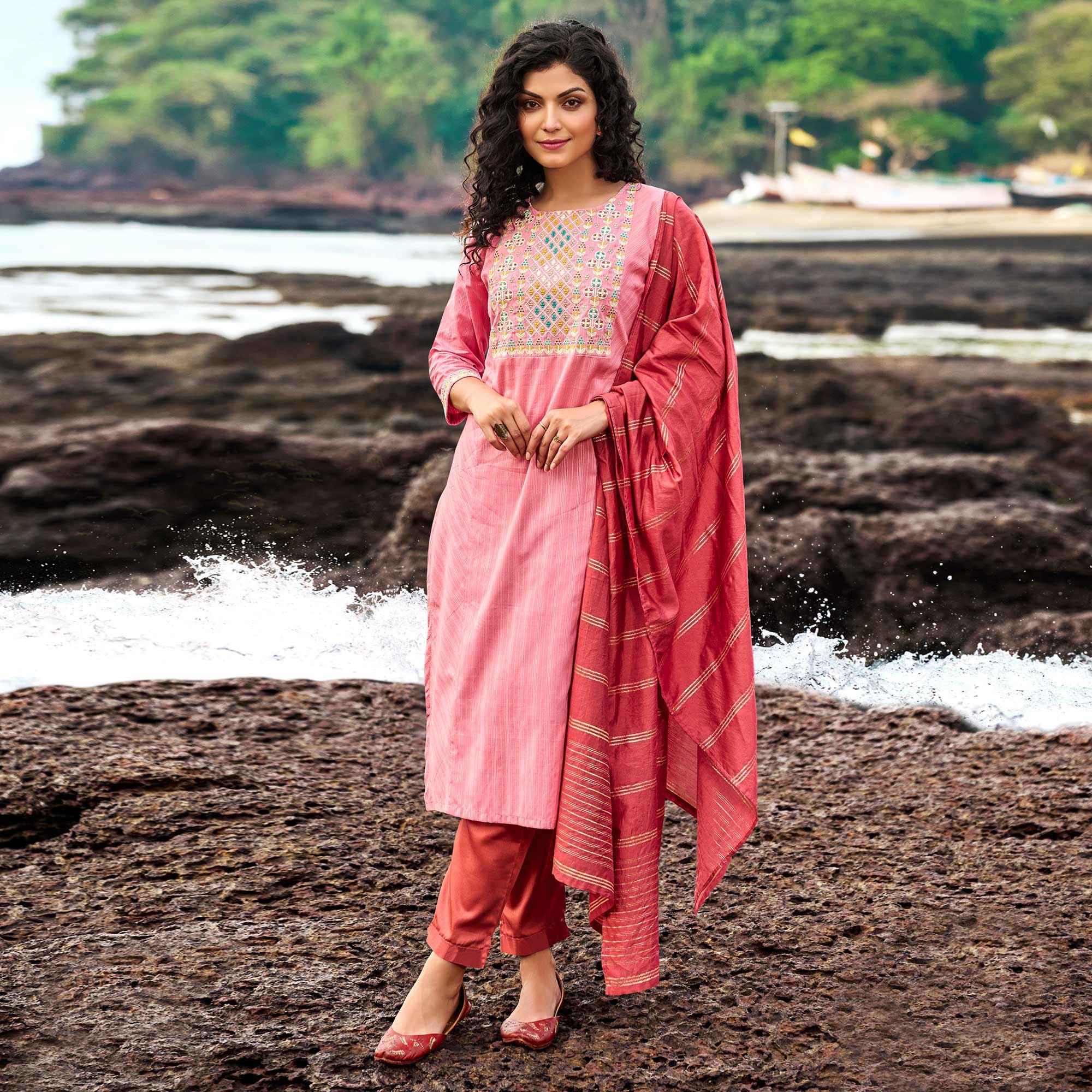 Pink Floral Embroidered With Stripe Printed Cotton Kurti Pant Set - Peachmode