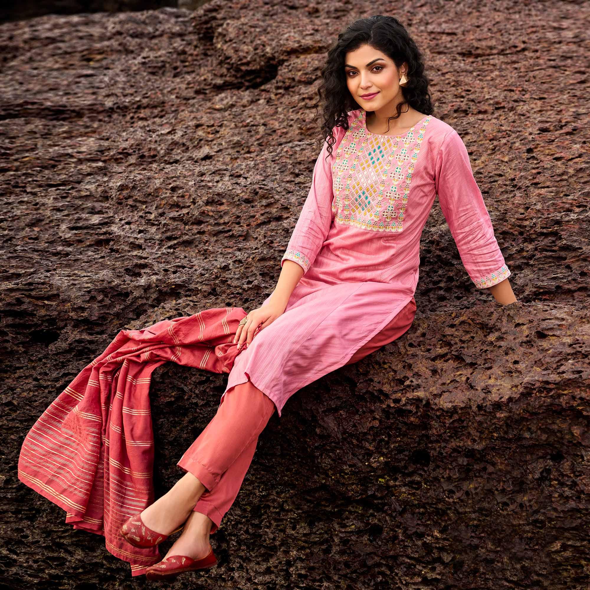 Pink Floral Embroidered With Stripe Printed Cotton Kurti Pant Set - Peachmode