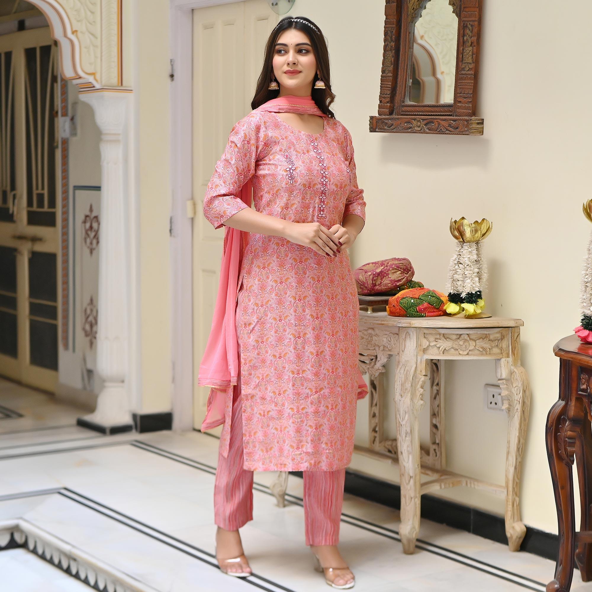 Pink Floral Foil Printed Chanderi Kurti Pant Set With Dupatta - Peachmode