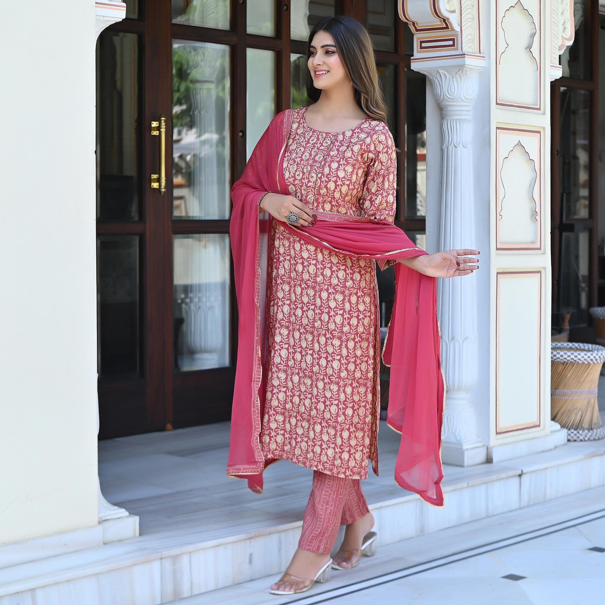 Pink Floral Foil Printed Chanderi Kurti Pant Set With Dupatta - Peachmode
