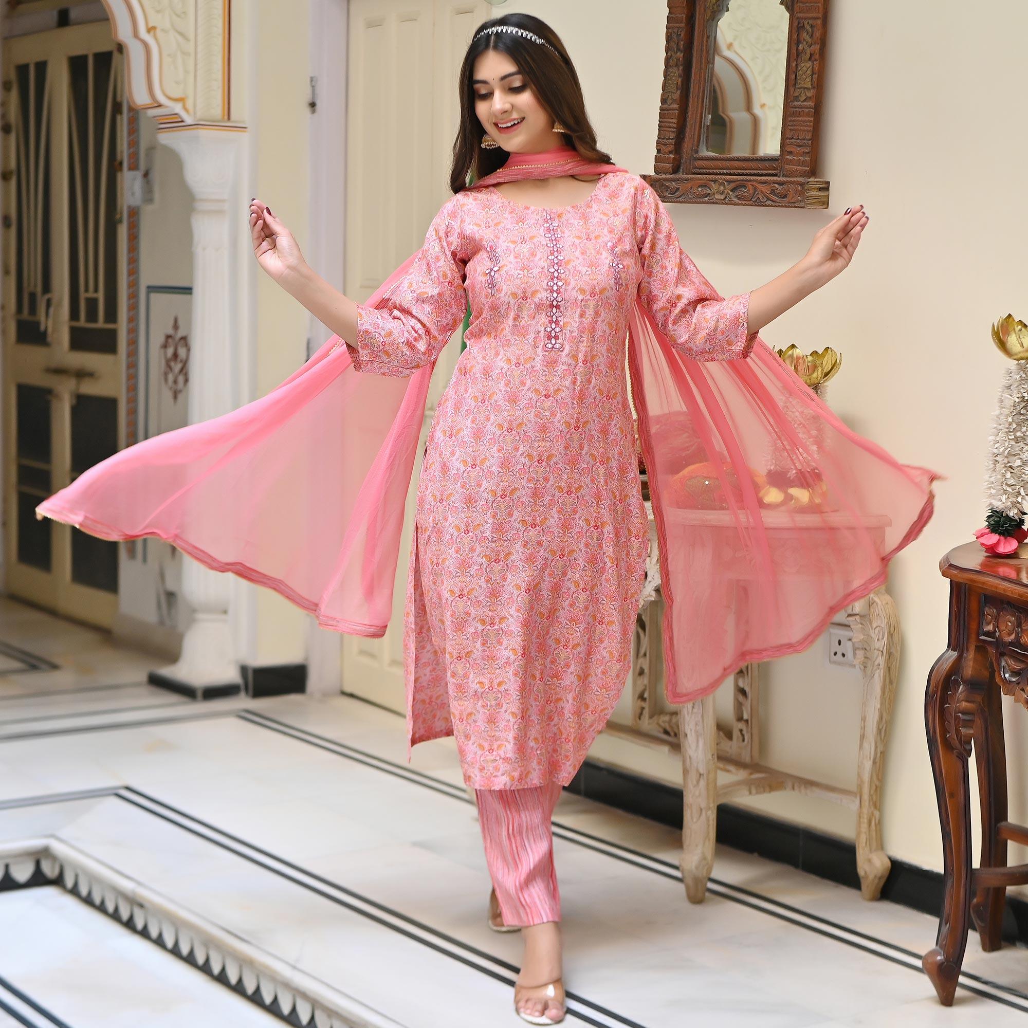 Pink Floral Foil Printed Chanderi Kurti Pant Set With Dupatta - Peachmode