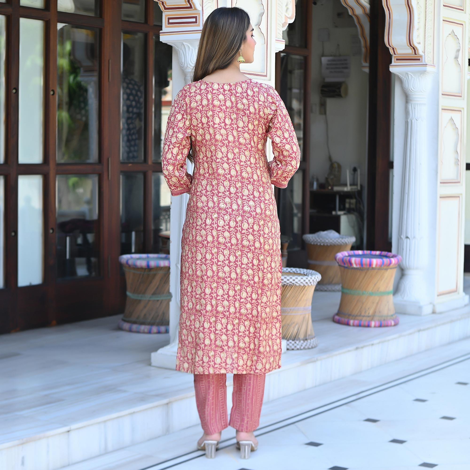 Pink Floral Foil Printed Chanderi Kurti Pant Set With Dupatta - Peachmode