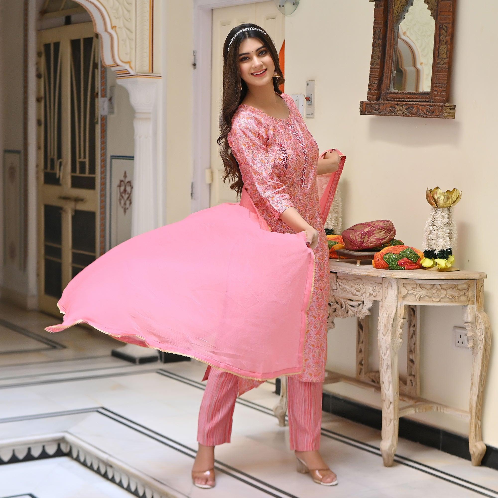 Pink Floral Foil Printed Chanderi Kurti Pant Set With Dupatta - Peachmode