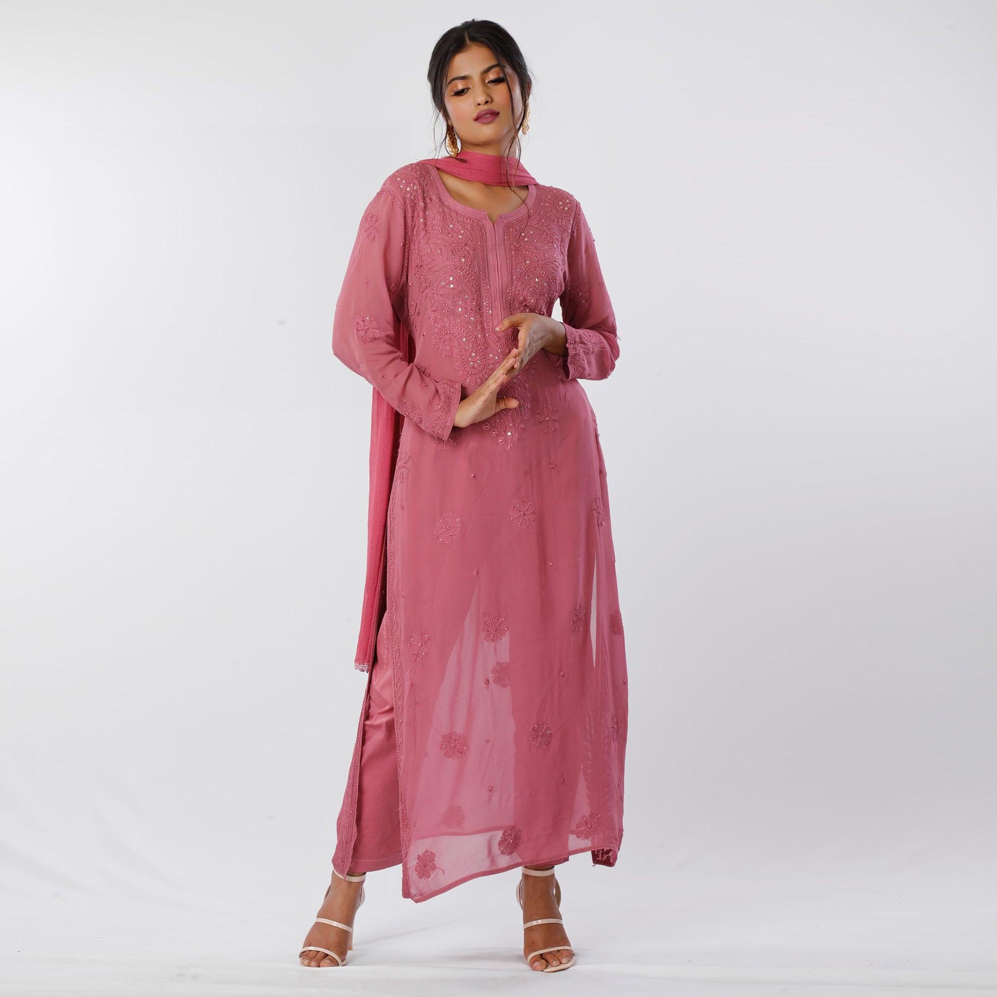 Pink Floral Lucknowi Embroidered & Mukaish Work Georgette Kurti Pant Set With Dupatta - Peachmode