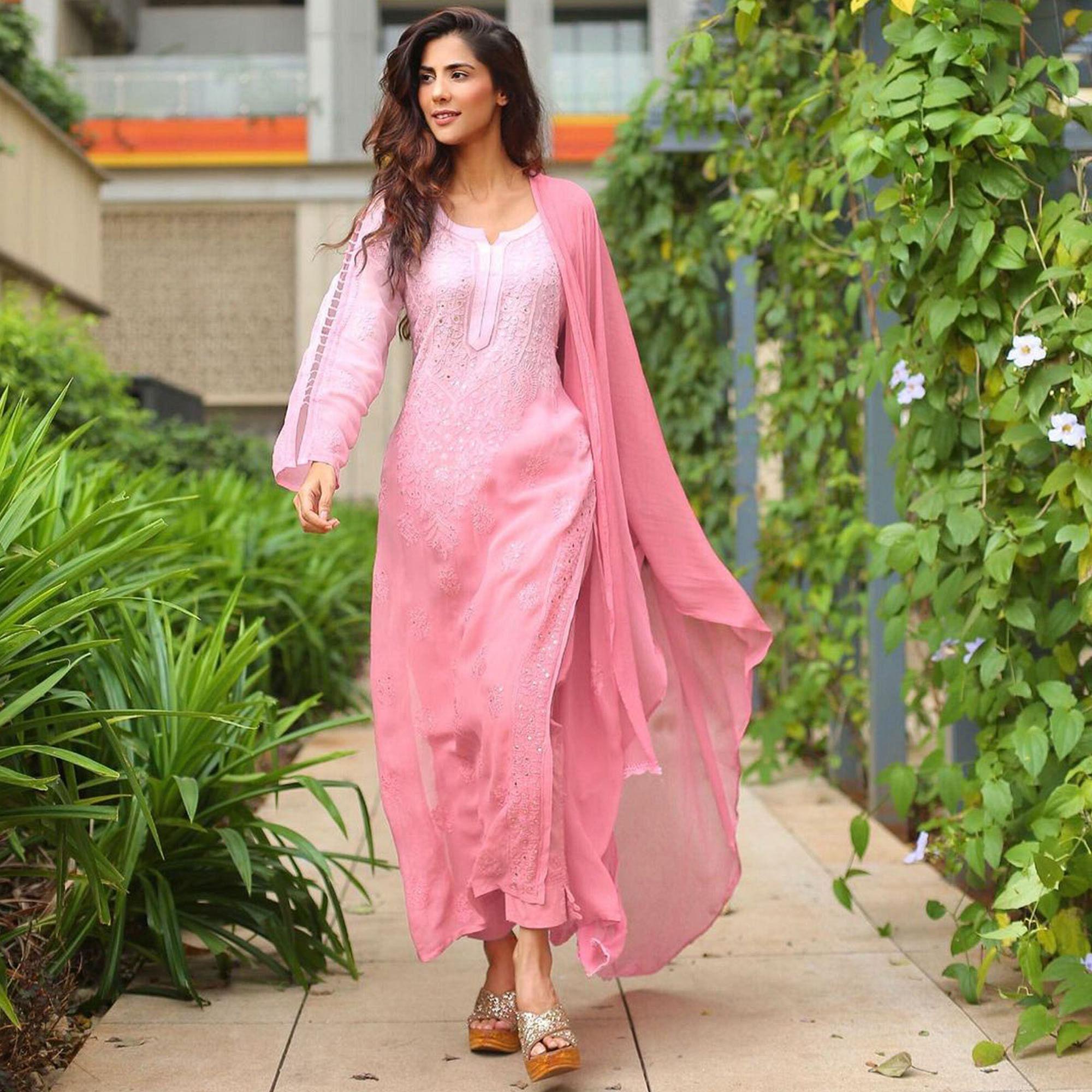 Pink Floral Lucknowi Embroidered & Mukaish Work Georgette Kurti Pant Set With Dupatta - Peachmode