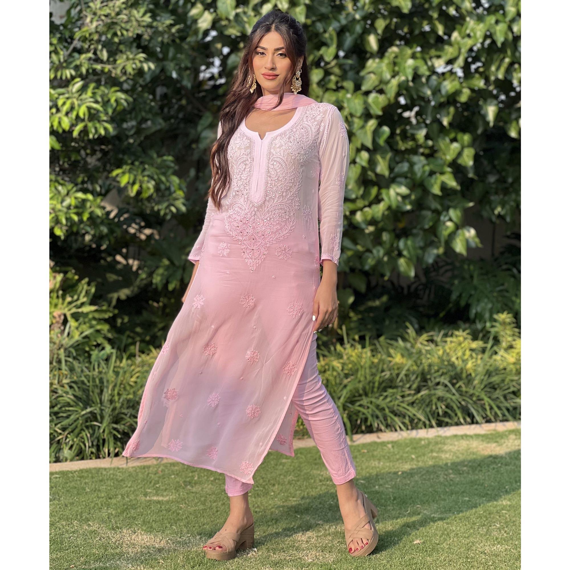 Pink Floral Lucknowi Embroidered & Mukaish Work Georgette Kurti Pant Set With Dupatta - Peachmode