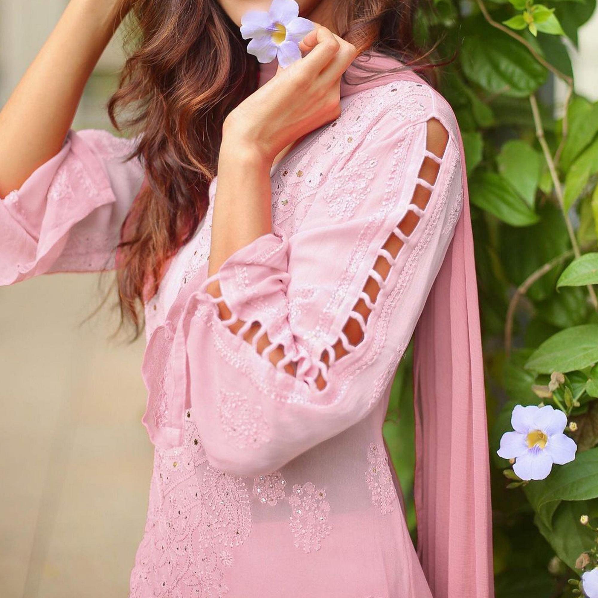 Pink Floral Lucknowi Embroidered & Mukaish Work Georgette Kurti Pant Set With Dupatta - Peachmode