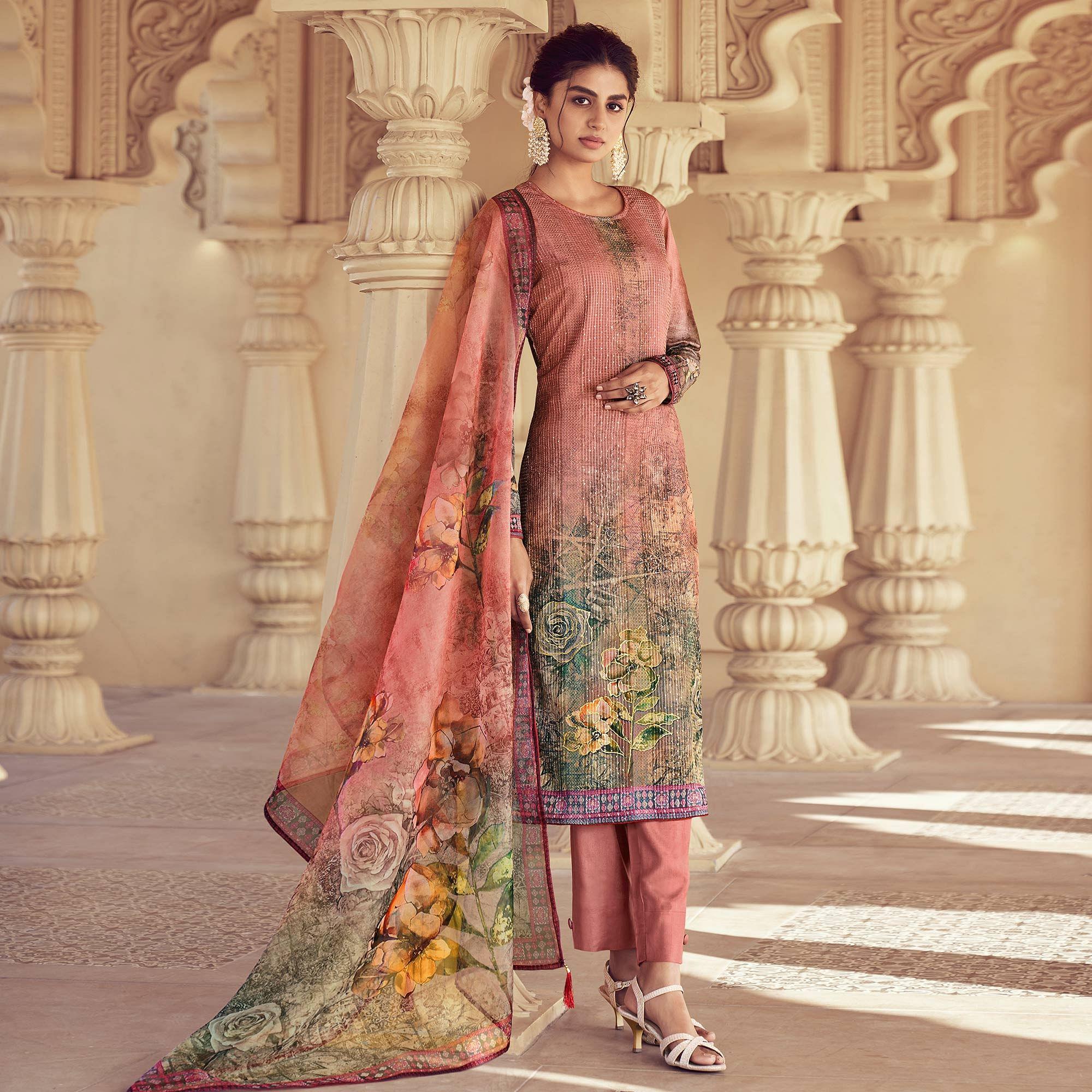 Pink Floral Print With Sequence Embroidered Royal chinon Partywear Suit - Peachmode