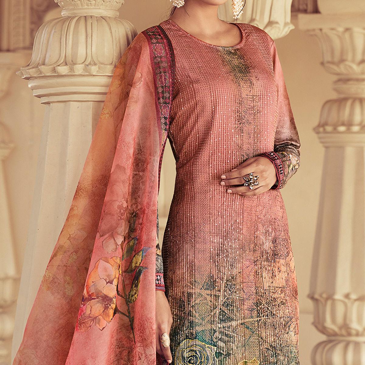 Pink Floral Print With Sequence Embroidered Royal chinon Partywear Suit - Peachmode