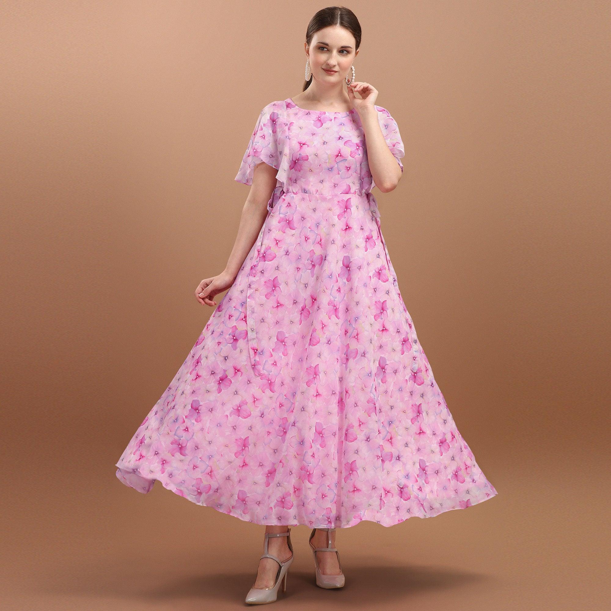 Pink Casual Wear Floral Printed A-Line Georgette Dress