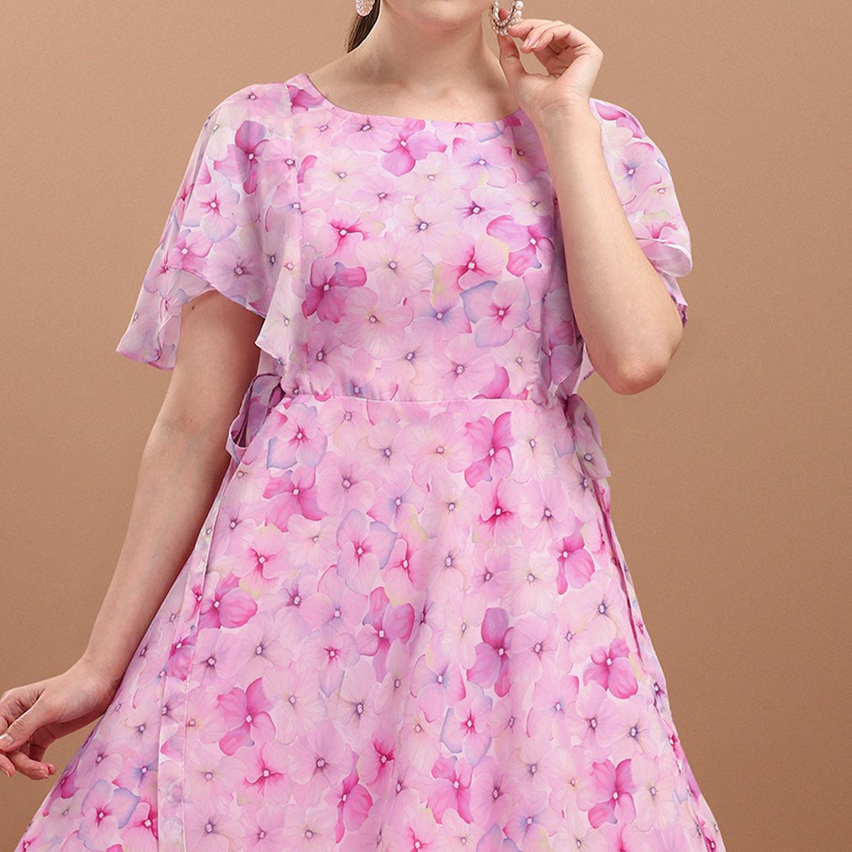 Pink Floral Printed A-Line Georgette Dress - Peachmode