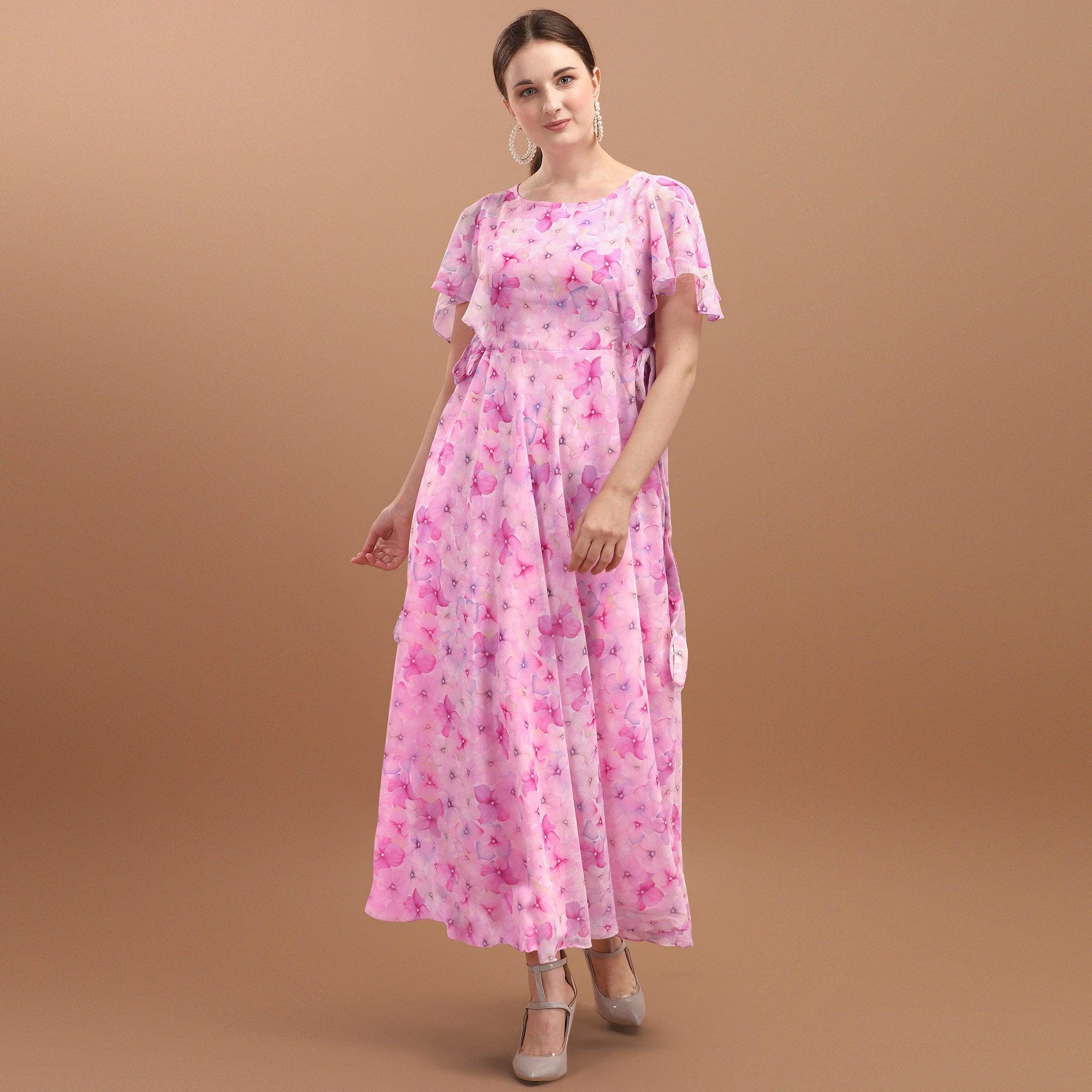 Pink Floral Printed A-Line Georgette Dress - Peachmode