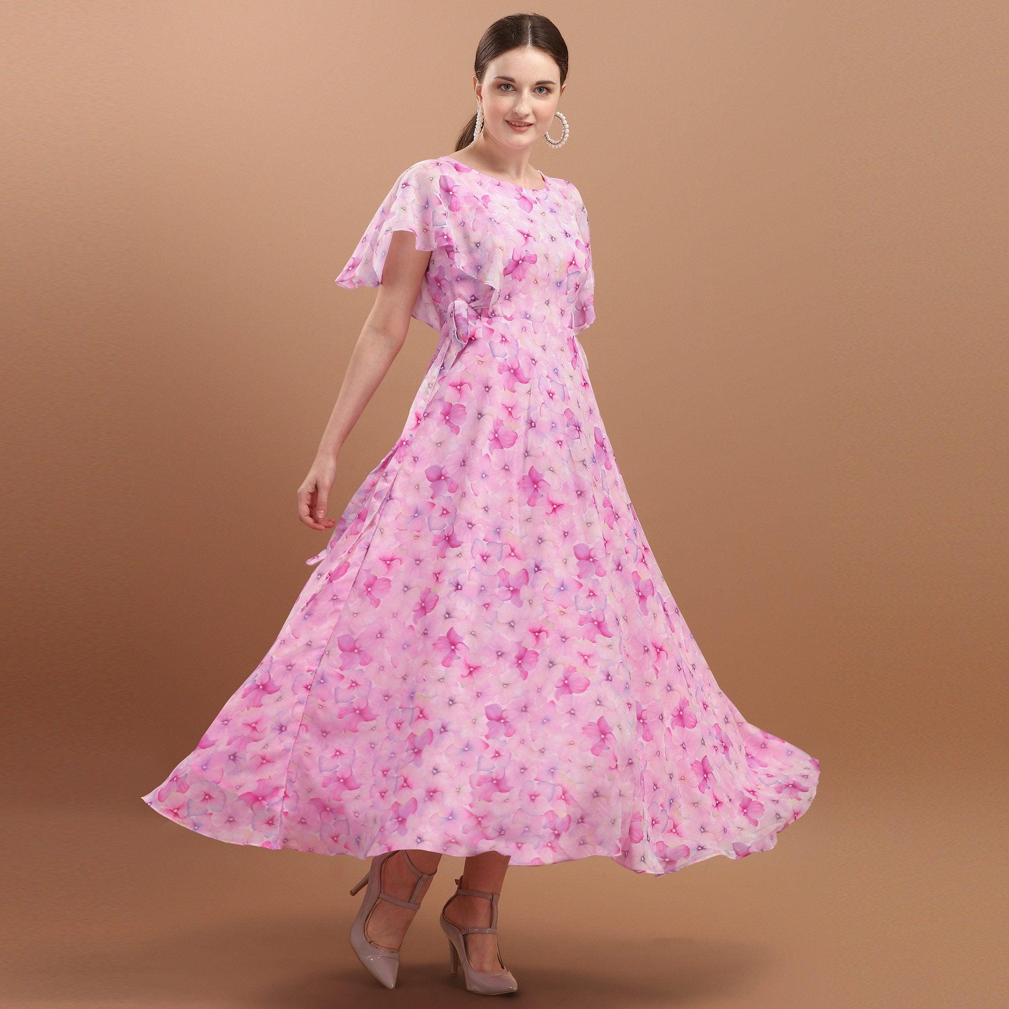 Pink Floral Printed A-Line Georgette Dress - Peachmode