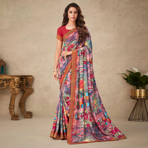 Pink Floral Printed Art Silk Saree - Peachmode