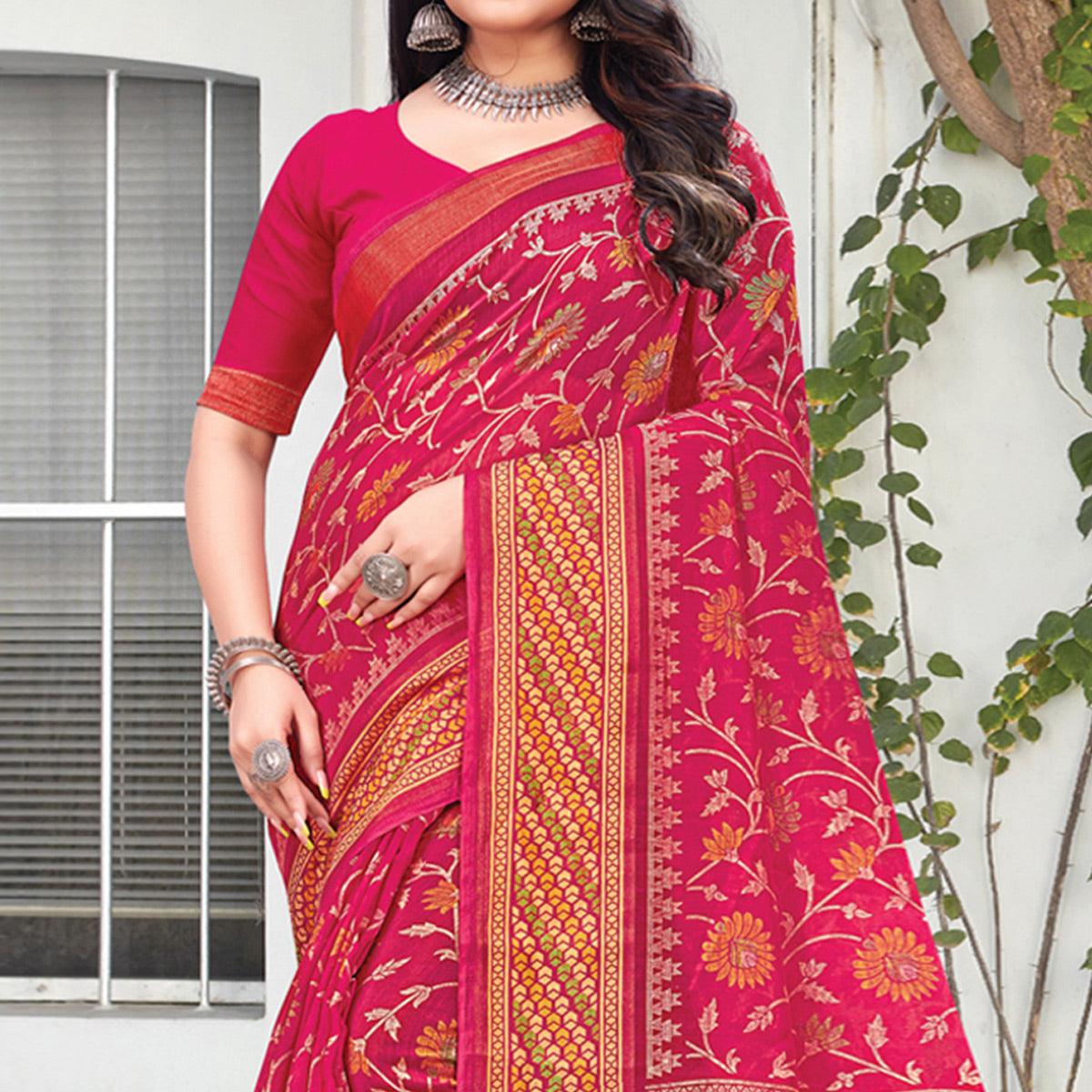 Pink Floral Printed Art Silk Saree - Peachmode