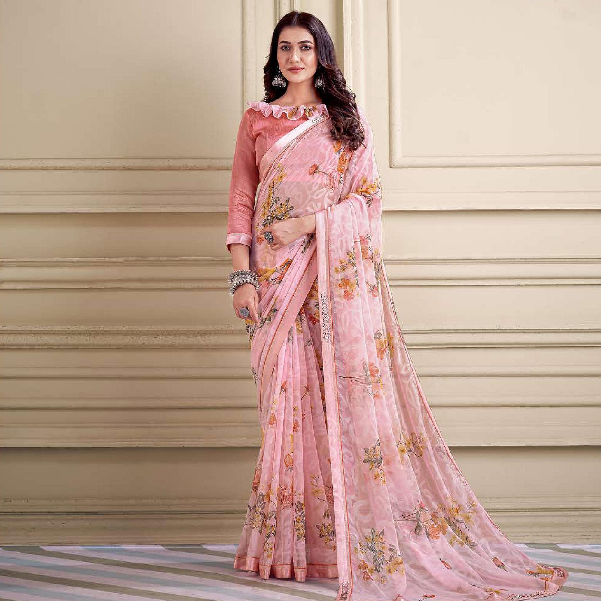 Pink Floral Printed Brasso Saree - Peachmode