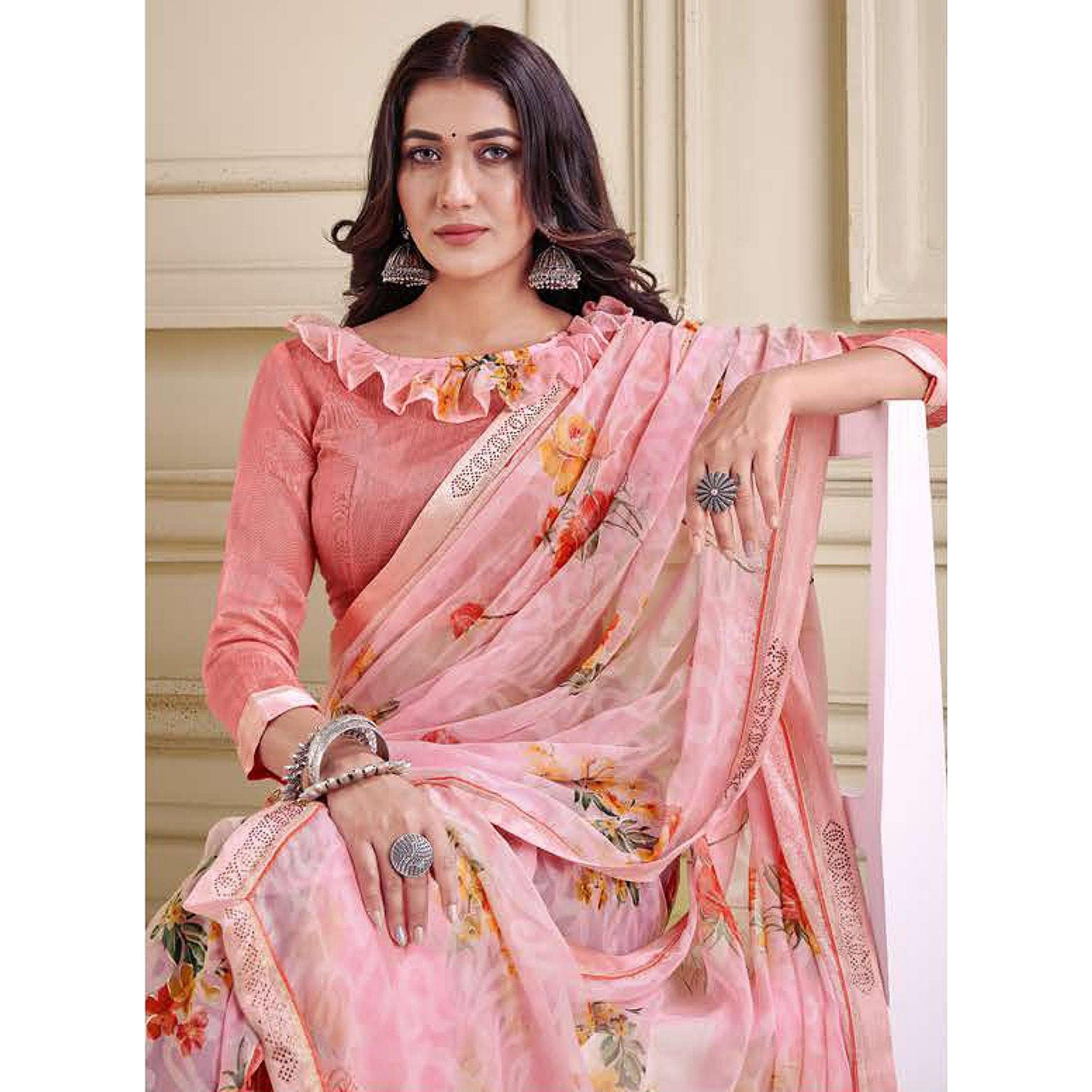 Pink Floral Printed Brasso Saree - Peachmode