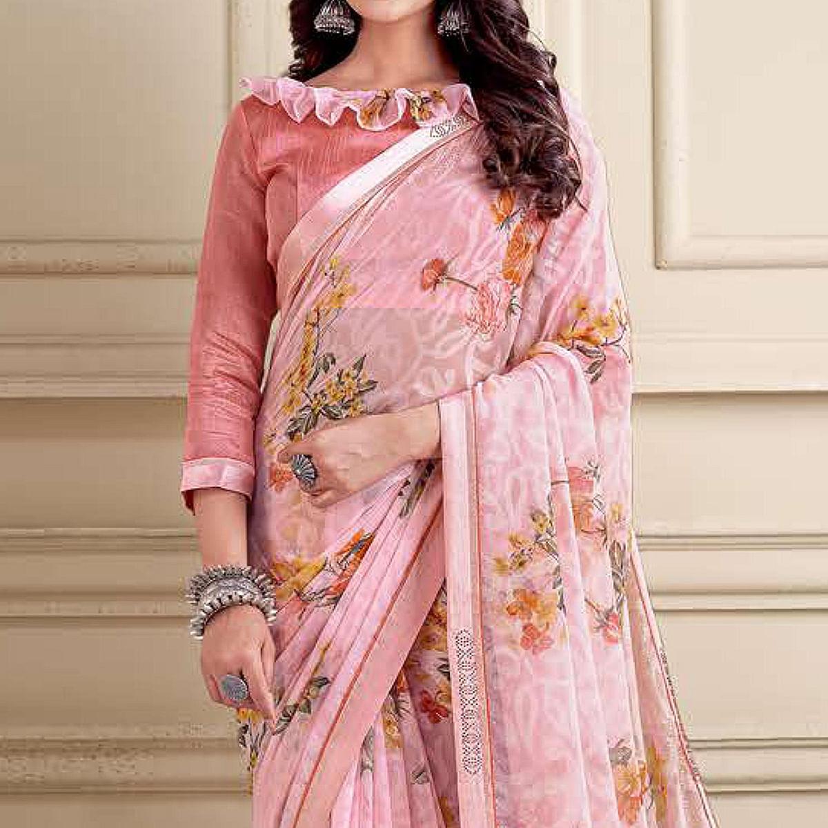 Pink Floral Printed Brasso Saree - Peachmode