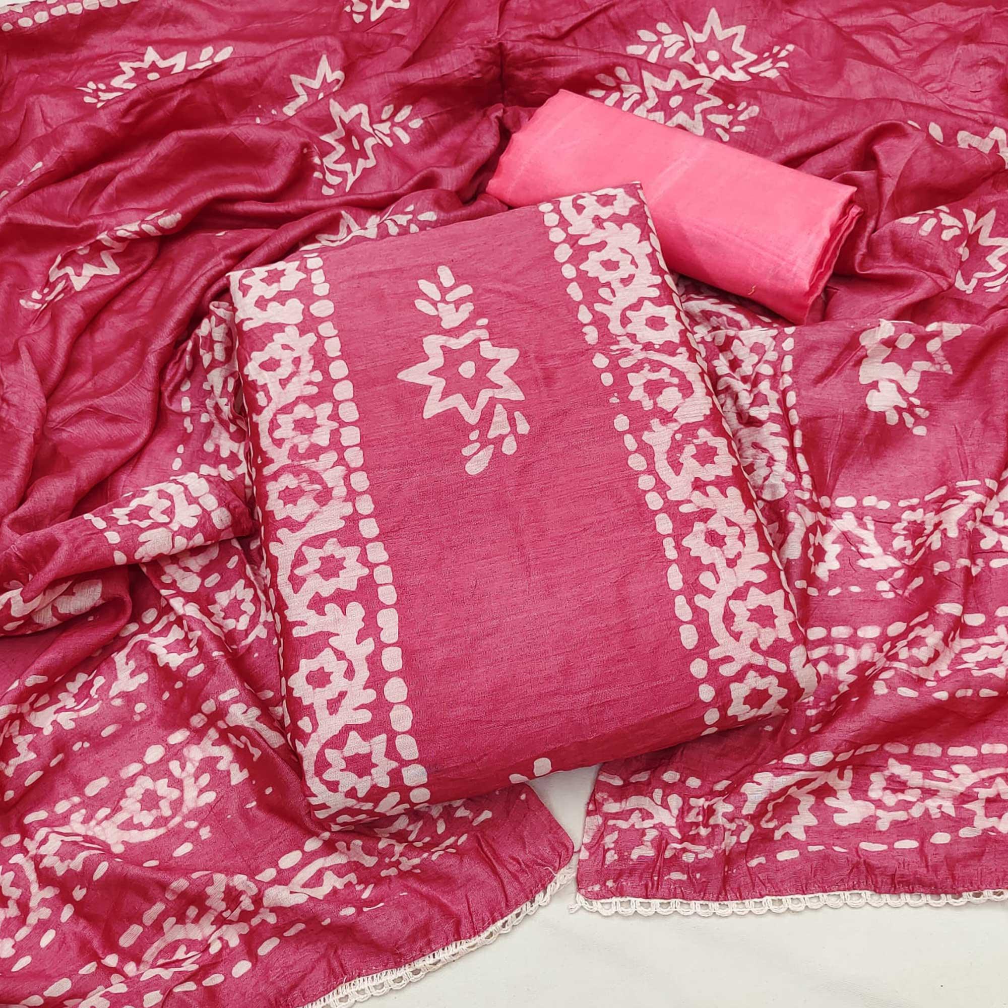 Pink Floral Printed Chanderi Dress Material - Peachmode