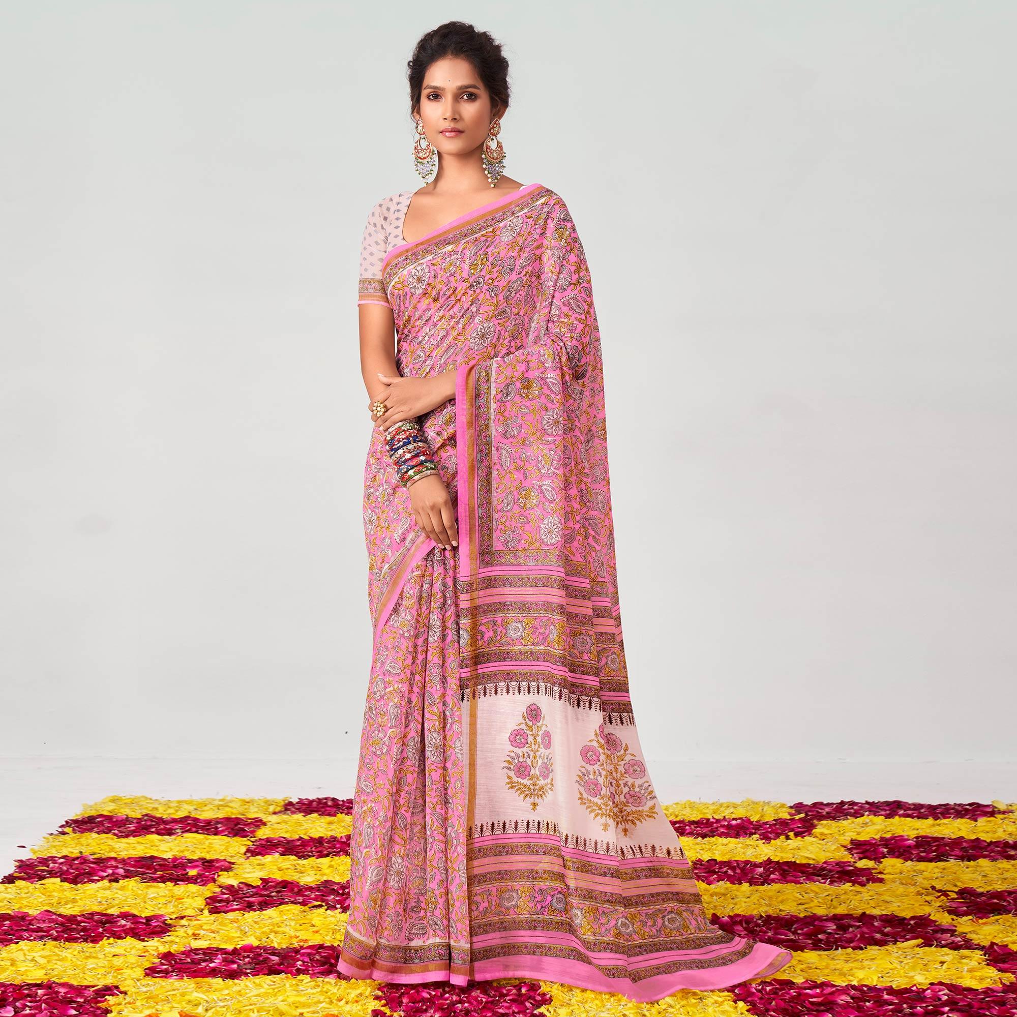 Pink Floral Printed Chanderi Saree - Peachmode