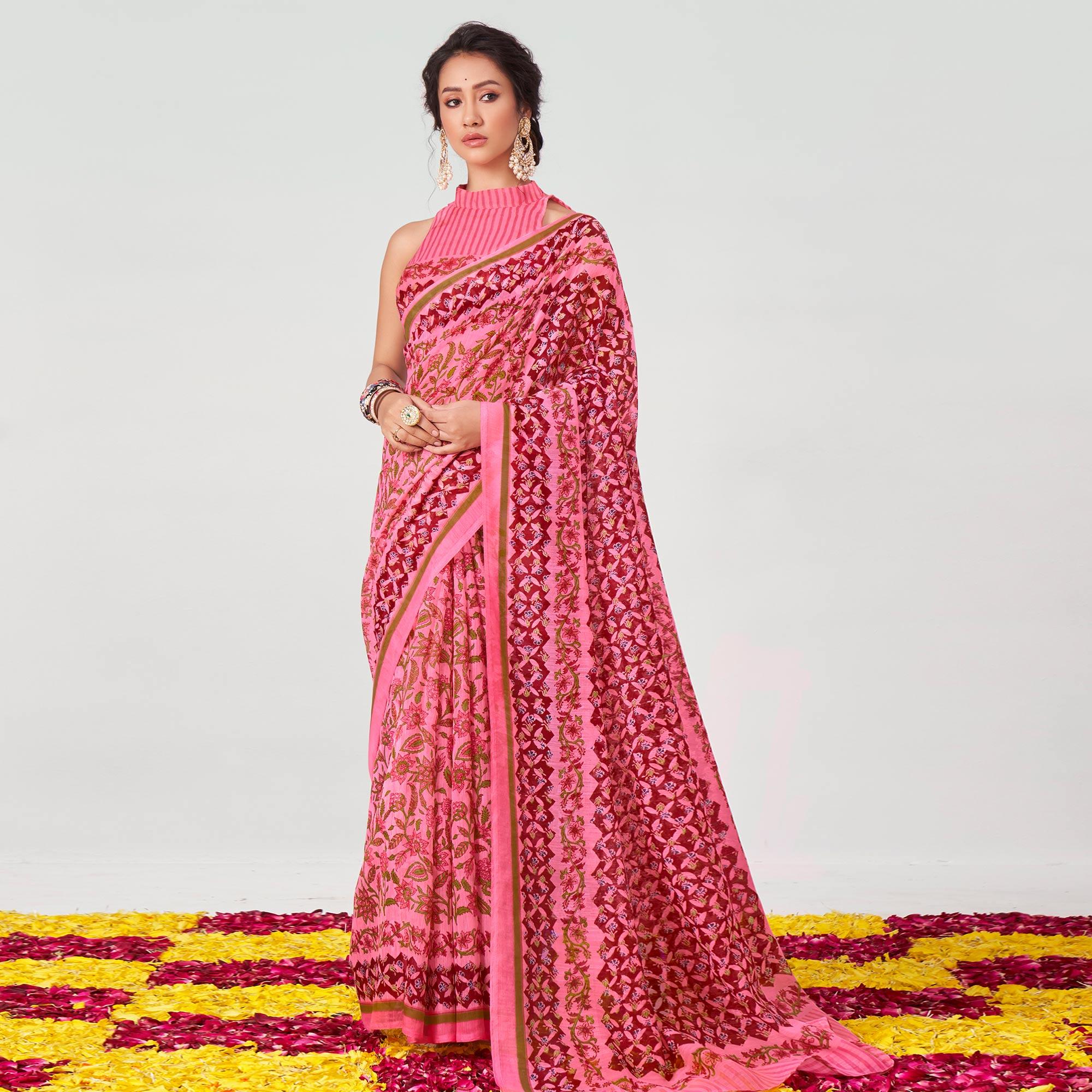 Pink Floral Printed Chanderi Saree - Peachmode