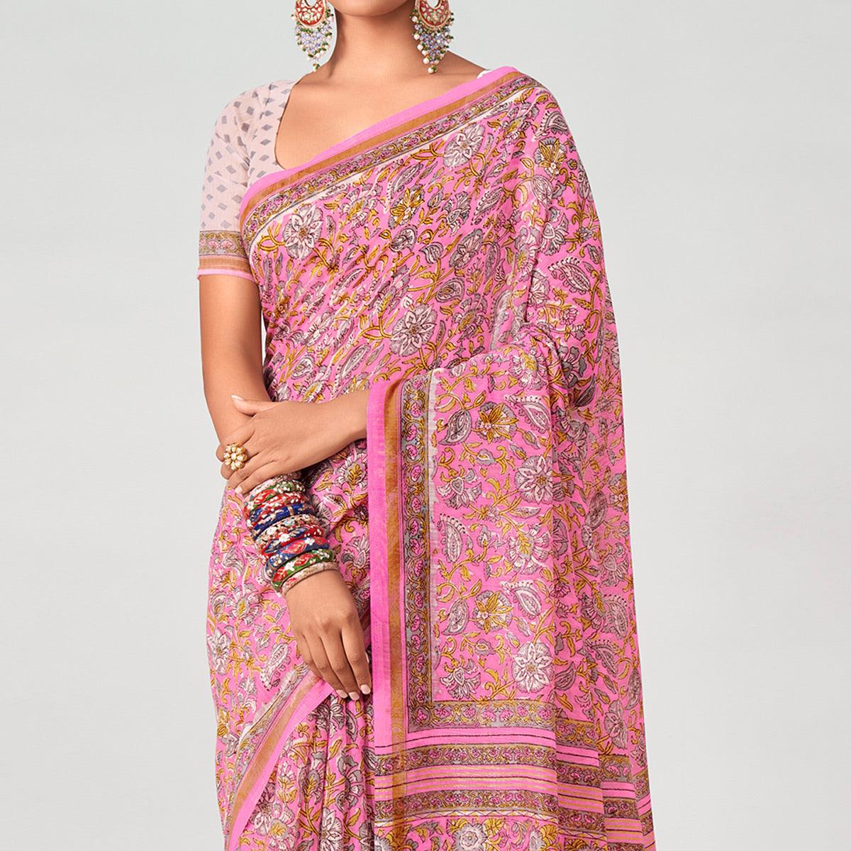 Pink Floral Printed Chanderi Saree - Peachmode