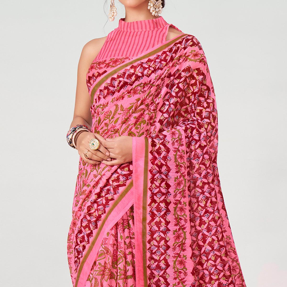 Pink Floral Printed Chanderi Saree - Peachmode