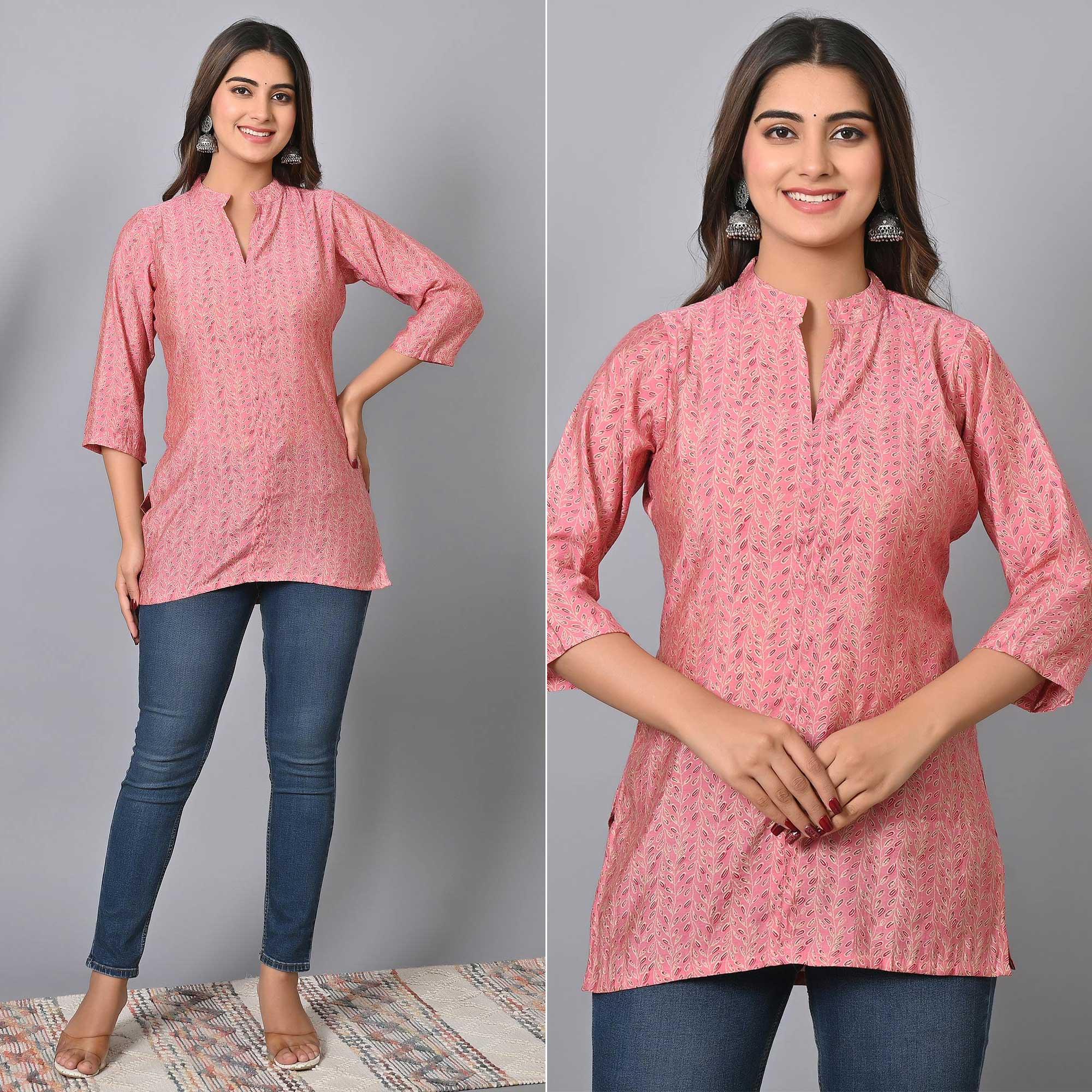 Pink Floral Printed Chanderi Top - Peachmode