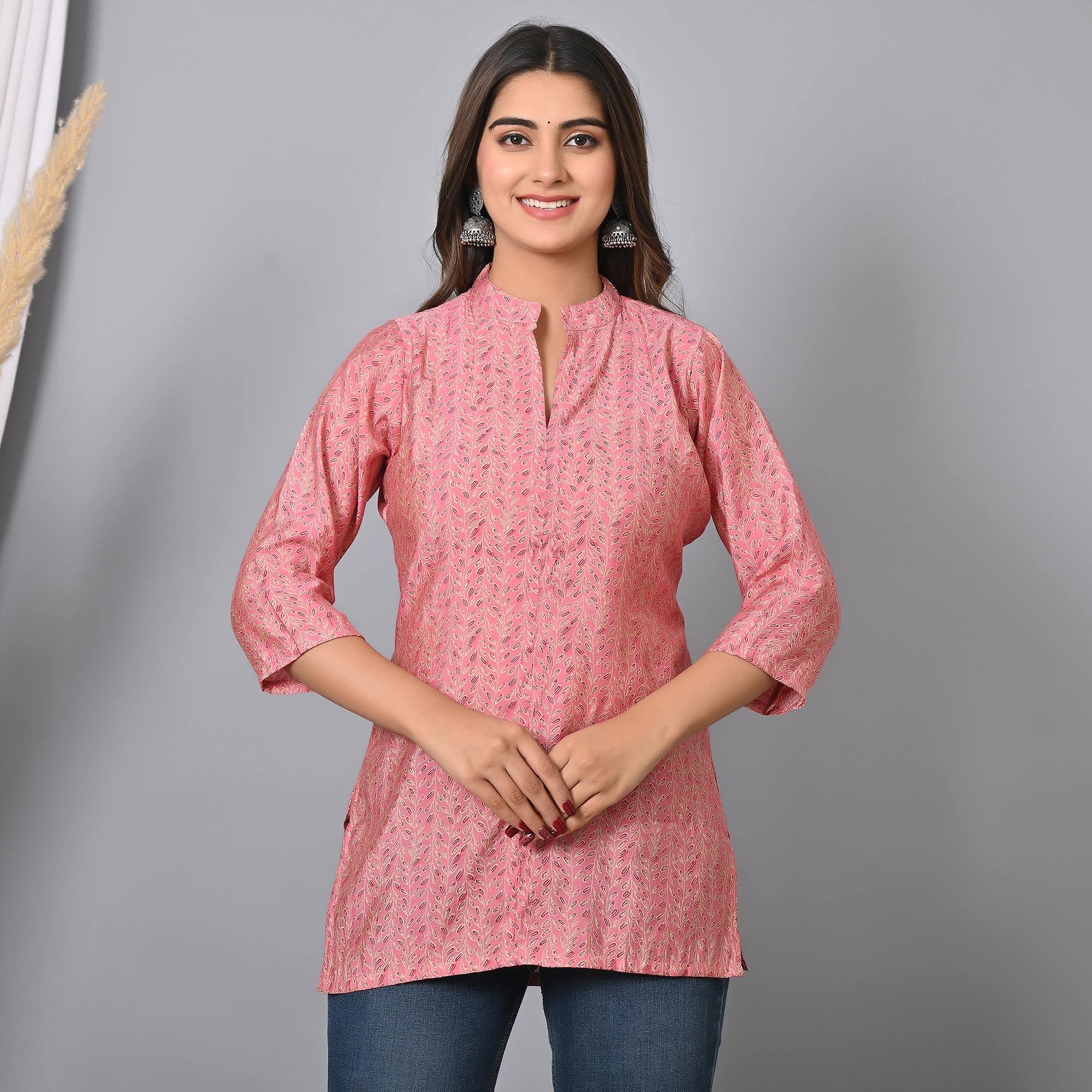 Pink Floral Printed Chanderi Top - Peachmode