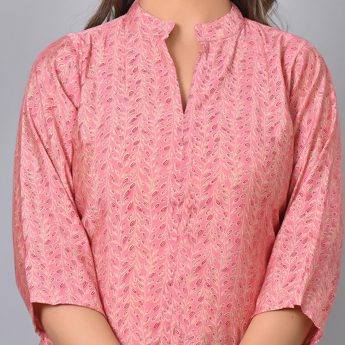 Pink Floral Printed Chanderi Top - Peachmode