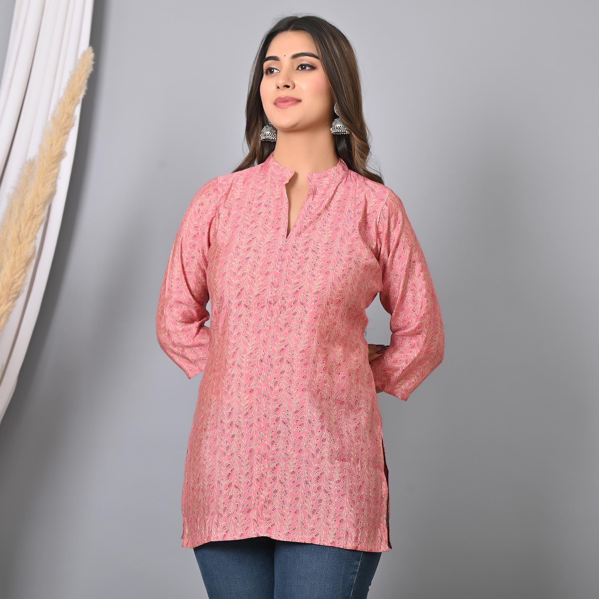 Pink Floral Printed Chanderi Top - Peachmode