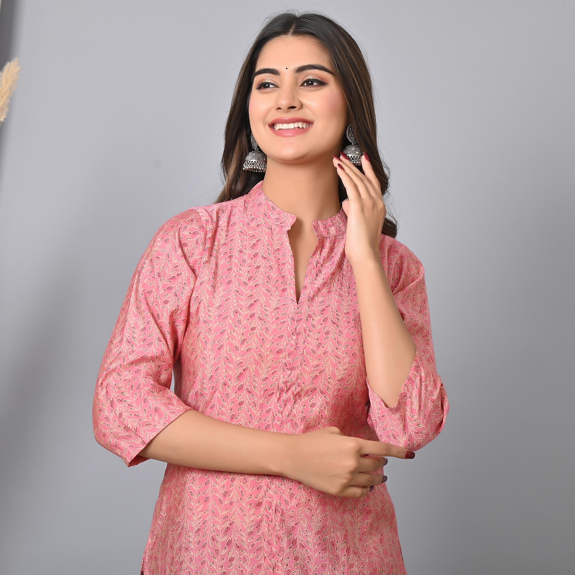 Pink Floral Printed Chanderi Top - Peachmode