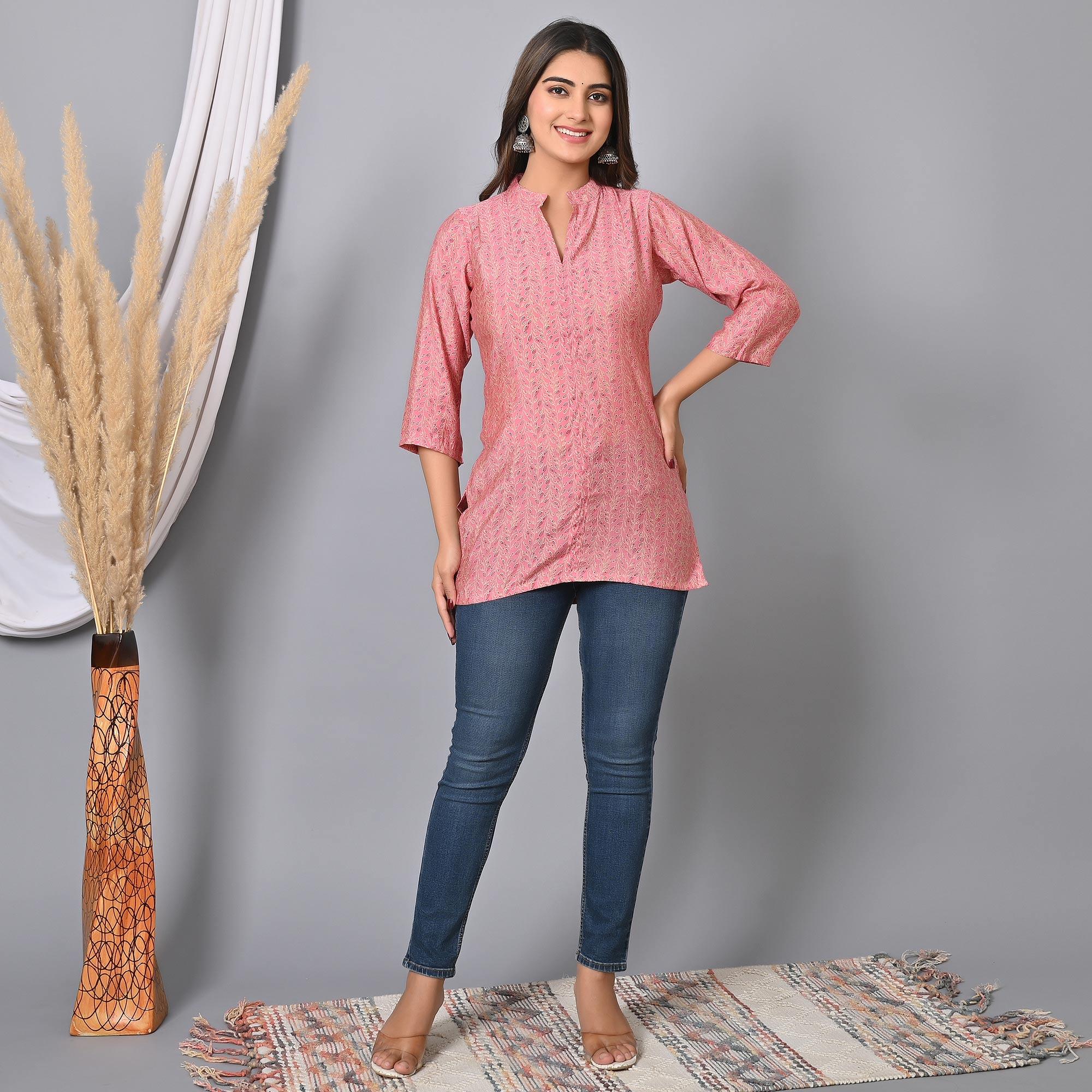 Pink Floral Printed Chanderi Top - Peachmode