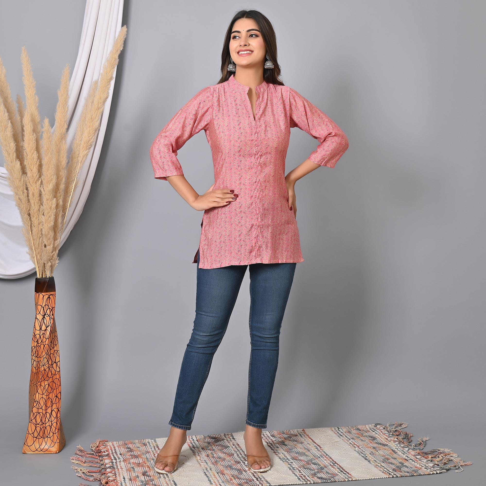 Pink Floral Printed Chanderi Top - Peachmode