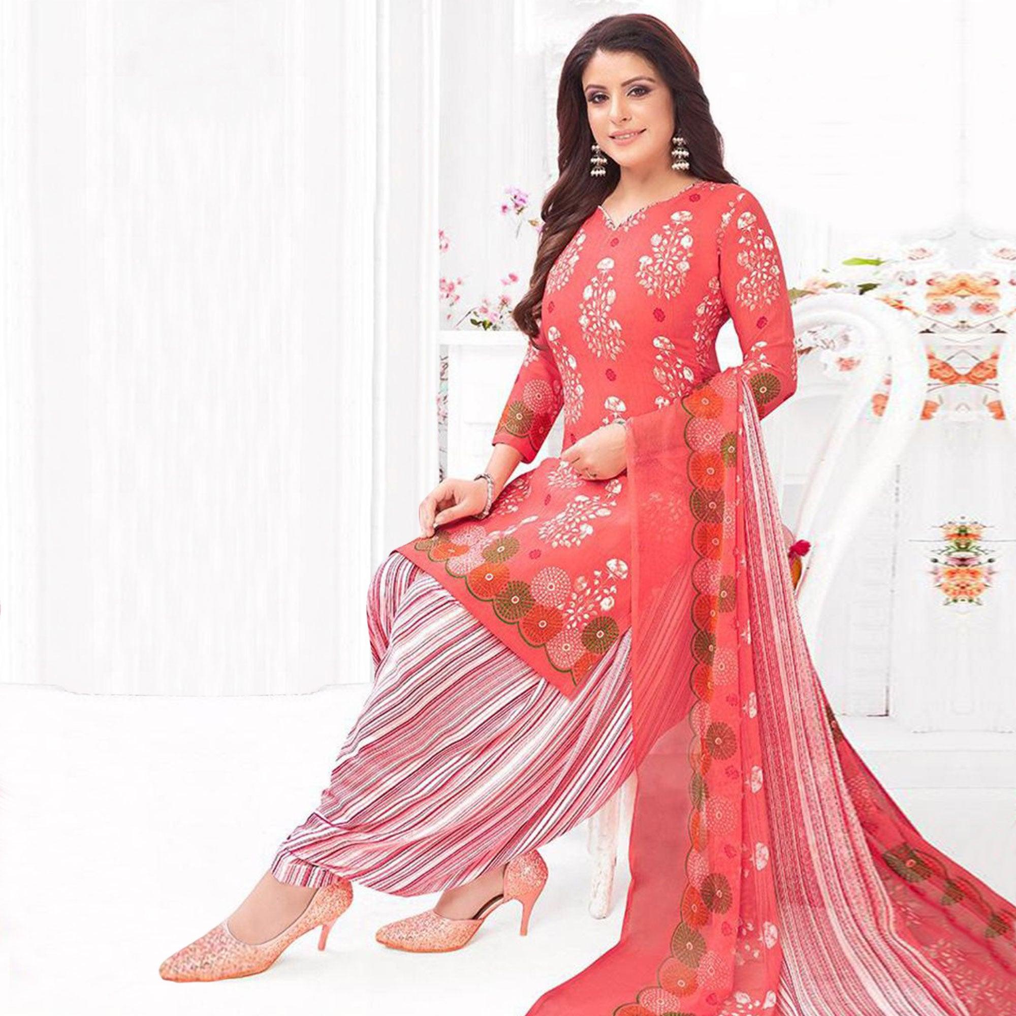 Pink Floral Printed Crepe Patiala Dress Material - Peachmode